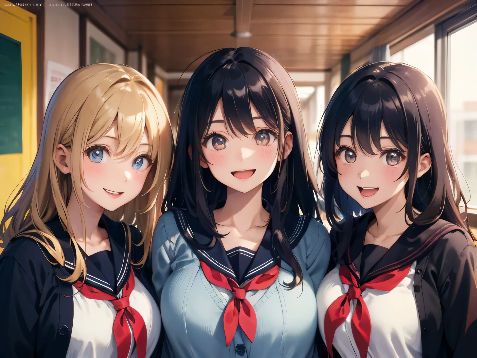 highest quality、High resolution、High definition、Beautiful teenage girl、Four women,sailor suit,cute hairstyle,perfect skin,huge breasts、Look at me happily、smiling、laughing、sexual expression、Upper body、Cute colored school cardigan