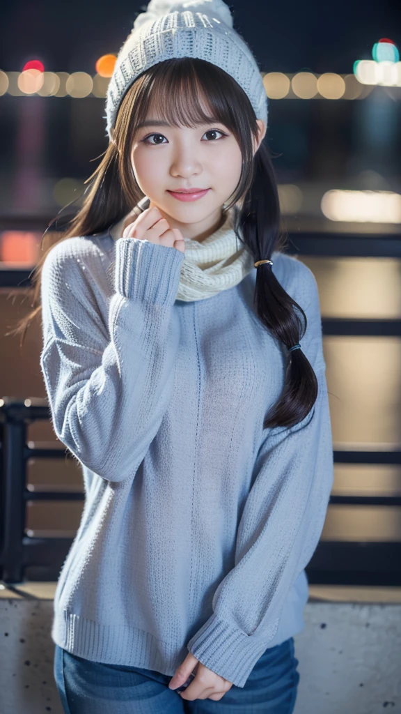 (highest quality,masterpiece:1.3,Ultra-high resolution),(Very detailed,8K),(Realistic:1.4,RAW shooting)。Blurred Background、Looking at the audience、Shy expression、18-year-old girl、Twin tails。Knitted hat、Scarf。A cup breasts、City of night。Night view。