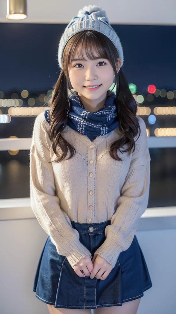 (highest quality,masterpiece:1.3,Ultra-high resolution),(Very detailed,8K),(Realistic:1.4,RAW shooting)。Blurred Background、Looking at the audience、Shy expression、18-year-old girl、Twin tails。Knitted hat、Scarf。A cup breasts、City of night。Night view。