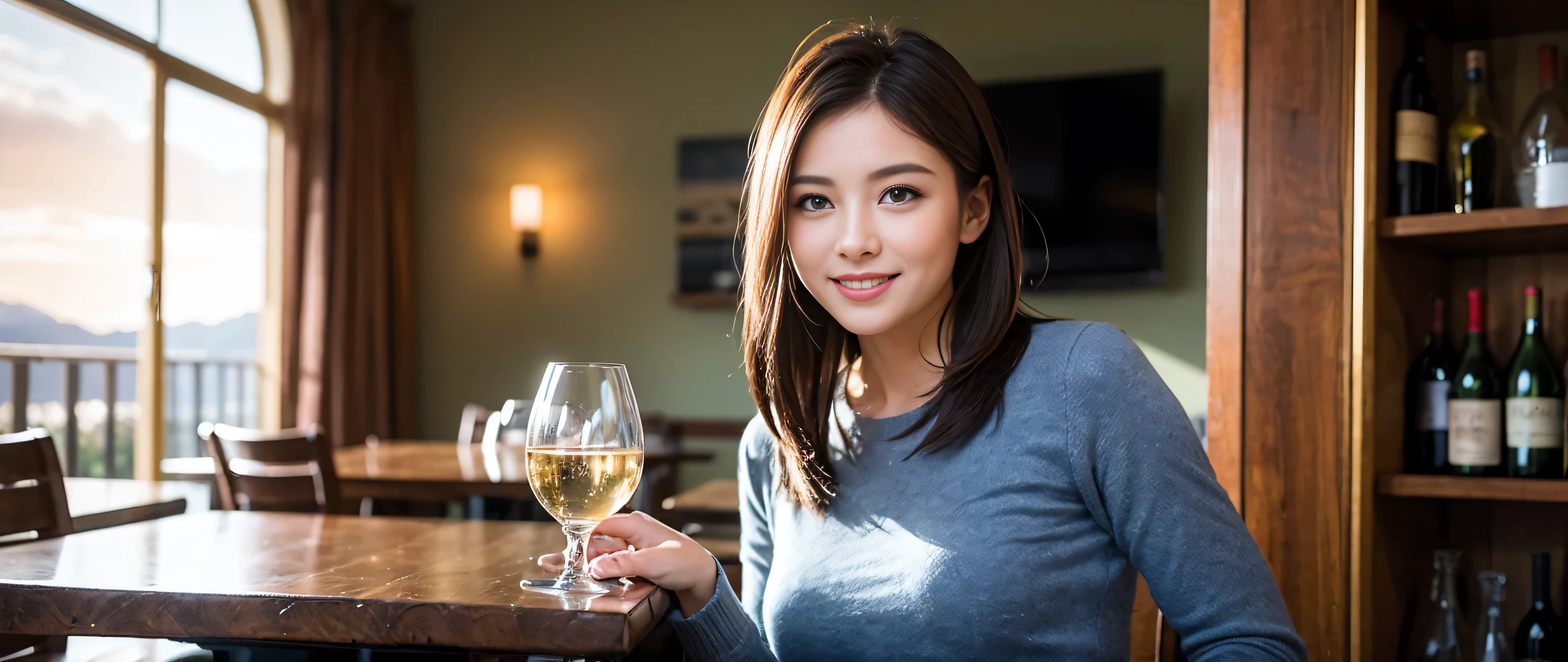 ((highest quality、8k、masterpiece:1.3))、Sharp focus:1.2、Beautiful woman perfect body:1.4、Slim body、((Bob Hale、Straight hair:1.2))、(to be born, highest quality, masterpiece:1.5), (Realistic, Intricate details:1.2), Ultra-high resolution, Shine light on your face、Spectacular view of the sunset sky and clouds、Amazing mountain views、A bright smile、wine glass、red wine 、Appetizer、Italian food、Wine bottle、Champagne、sparkling wine、, Beautiful Face, blue eyes, The light shines on your face, Blushing, short hair,Bright Face、Fox face、 (42 years old), 40 years old, Lady、Two beauties、Brown Hair、Shortcuts、Long sleeve shirt、dress、Pretty Woman 1, (slim face), (The body is slim), (Brown Hair), (Shortcuts), cheeks turn a little red,Attractive beauty、, Out of the window, A beautiful and detailed night view unfolds.........., restaurant, In a prominent place (From the waist up) Nova Frog Style, actress, model, Upper Body, White wine, slim, wine glass, A wine glass placed in the middle, smile, (smile: 1.15), Beautiful fine grain, Depth f/2,saturation, High Contrast, Strong light and shadow,Moist Body:1.5、3D texture、Delicate eyes、Brown Hair、The hair is very shiny、