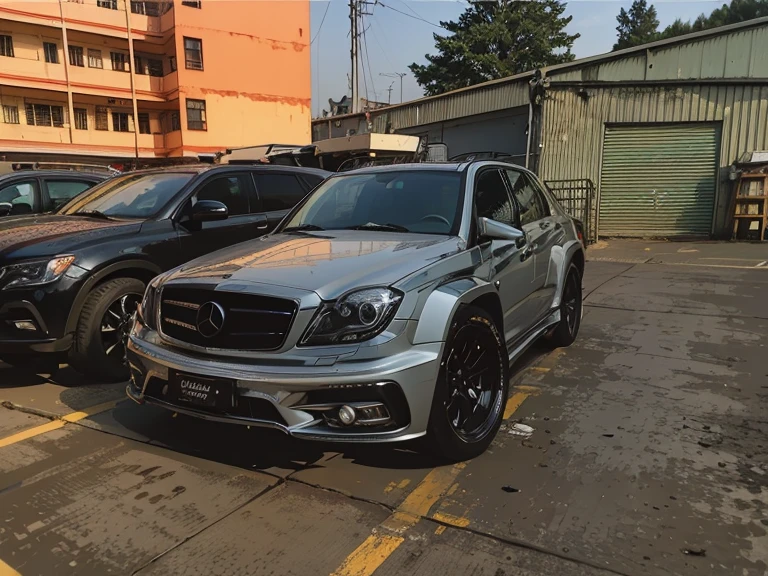 There are two cars parked side by side in the parking lot, Wide body, Low quality granular, [ The art of math ]!!, Granular low quality, HDR shooting, kodakchrome : : Eight thousand, steel gray body, Mercedes, HD, HDR photos, A perfect masterpiece, Low resolution, hdr render, Made with photoshop