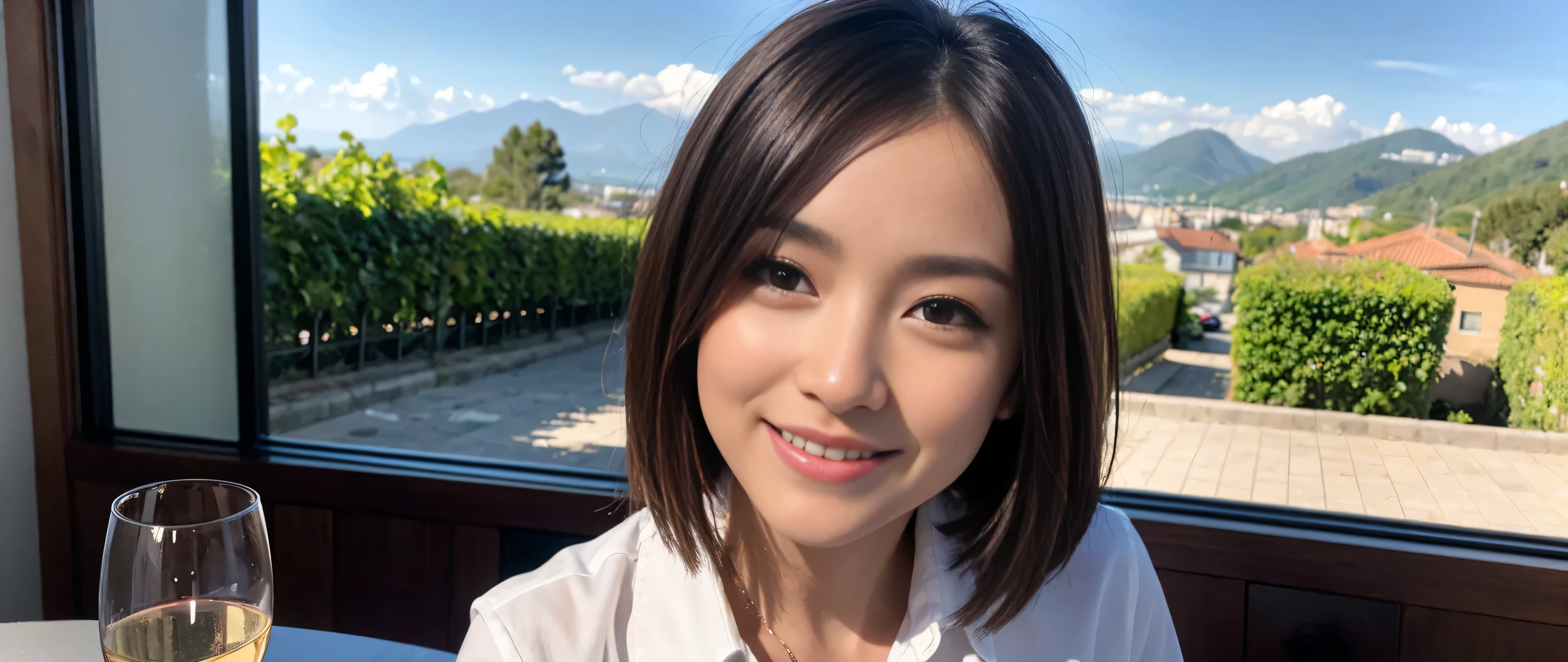 ((highest quality、8k、masterpiece:1.3))、Sharp focus:1.2、Beautiful woman perfect body:1.4、Slim body、((Bob Hale、Straight hair:1.2))、(to be born, highest quality, masterpiece:1.5), (Realistic, Intricate details:1.2), Ultra-high resolution, Shine light on your face、Spectacular view of the sunset sky and clouds、Amazing mountain views、A bright smile、wine glass、red wine 、Appetizer、Italian food、Wine bottle、Champagne、sparkling wine、, Beautiful Face, blue eyes, The light shines on your face, Blushing, short hair,Bright Face、Fox face、 (36 years old), 40 years old, Lady、Two beauties、Brown Hair、Shortcuts、Long sleeve shirt、dress、Pretty Woman 1, (slim face), (The body is slim), (Brown Hair), (Shortcuts), cheeks turn a little red,Attractive beauty、, Out of the window, A beautiful and detailed night view unfolds.........., restaurant, In a prominent place (From the waist up) Nova Frog Style, actress, model, Upper Body, White wine, slim, wine glass, A wine glass placed in the middle, smile, (smile: 1.15), Beautiful fine grain, Depth f/2,saturation, High Contrast, Strong light and shadow,Moist Body:1.5、3D texture、Delicate eyes、Brown Hair、The hair is very shiny、
