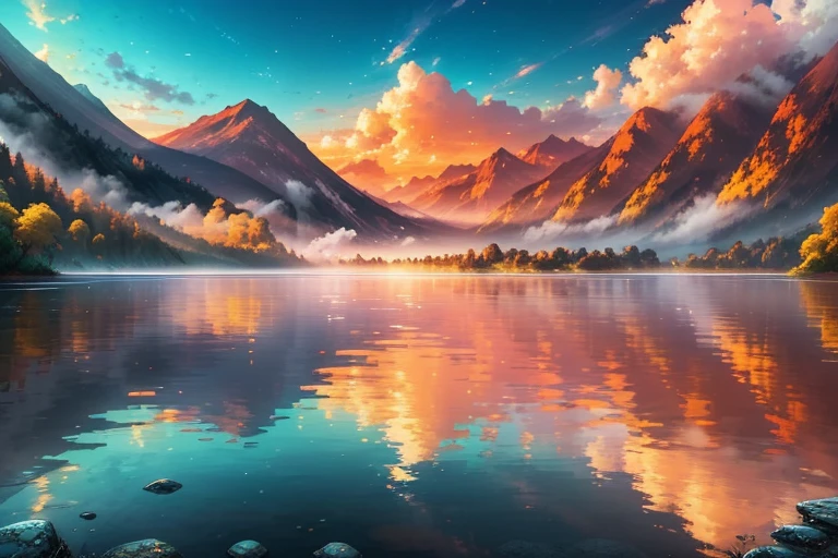 Picture a serene and mystical landscape, where the clouds gently kiss the mountains, and the sun casts a golden glow upon the earth. inspires declarations of awe and wonder, a place where time seems to stand still, and the very air is charged with a sense of happiness and tranquility.

Imagine a crystal-clear lake, nestled in a valley surrounded by lush greenery and towering peaks.The water, reflecting the vibrant hues of the sunrise, shimmers with every shade of pink, orange, and gold. A delicate, ethereal mist rises from the surface, infusing the atmosphere with a sense of renewal and positive energy.

Now