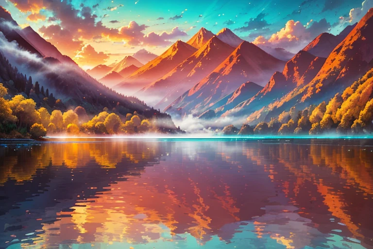 Picture a serene and mystical landscape, where the clouds gently kiss the mountains, and the sun casts a golden glow upon the earth. inspires declarations of awe and wonder, a place where time seems to stand still, and the very air is charged with a sense of happiness and tranquility.
Imagine a crystal-clear lake, nestled in a valley surrounded by lush greenery and towering peaks.The water, reflecting the vibrant hues of the sunrise, shimmers with every shade of pink, orange, and gold. A delicate, ethereal mist rises from the surface, infusing the atmosphere with a sense of renewal and positive energy.
Now