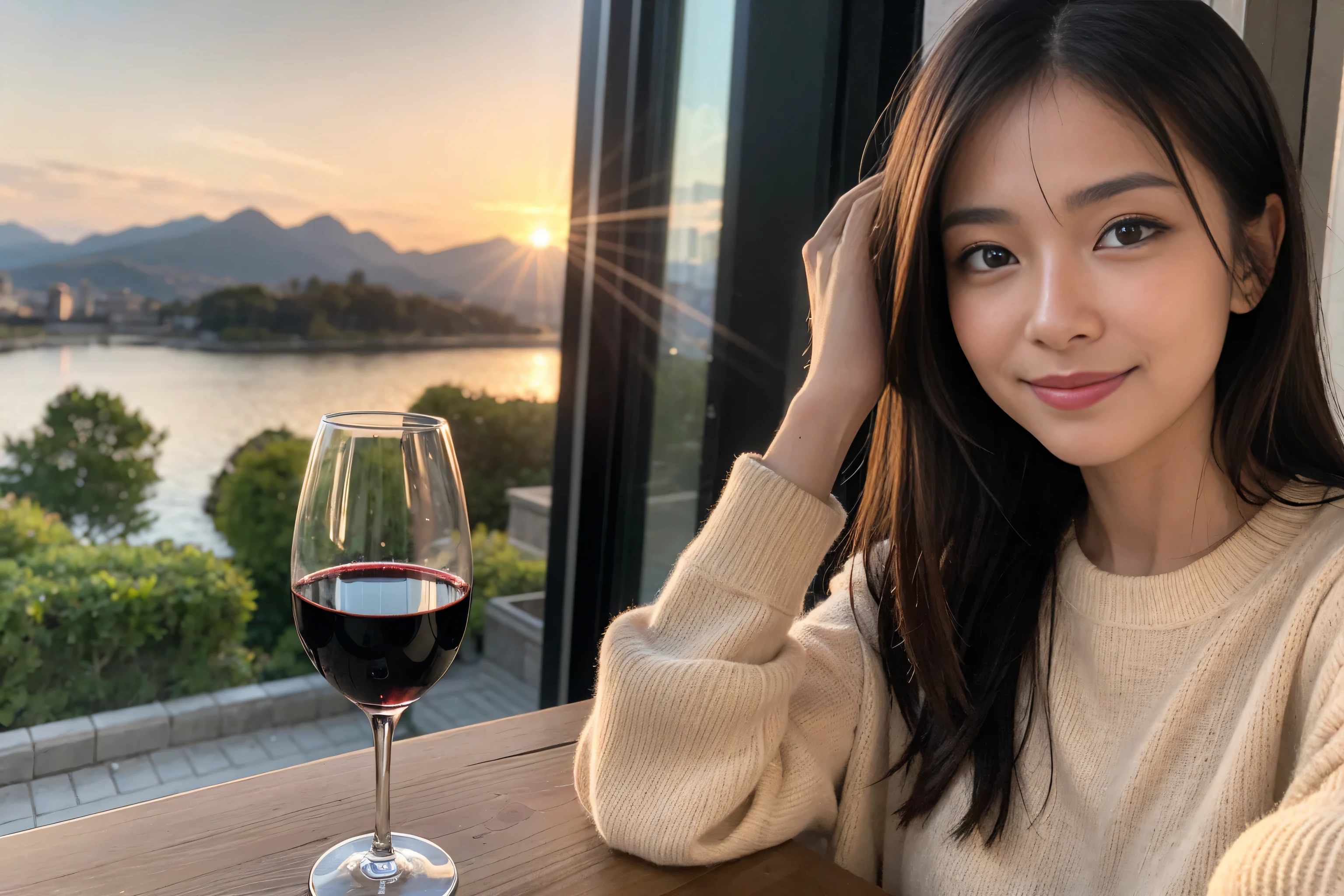 ((highest quality、8k、masterpiece:1.3))、Sharp focus:1.2、Beautiful woman perfect body:1.4、Slim body、((Bob Hale、Straight hair:1.2))、(to be born, highest quality, masterpiece:1.5), (Realistic, Intricate details:1.2), Ultra-high resolution, Shine light on your face、Spectacular view of the sunset sky and clouds、Amazing mountain views、A bright smile、wine glass、red wine 、Appetizer、Italian food、Wine bottle、Champagne、sparkling wine、, Beautiful Face, blue eyes, The light shines on your face, Blushing, short hair,Bright Face、Fox face、 (42 years old), 40 years old, Lady、Two beauties、Brown Hair、Shortcuts、Long sleeve shirt、dress、Pretty Woman 1, (slim face), (The body is slim), (Brown Hair), (Shortcuts), cheeks turn a little red,Attractive beauty、, Out of the window, A beautiful and detailed night view unfolds.........., restaurant, In a prominent place (From the waist up) Nova Frog Style, actress, model, Upper Body, White wine, slim, wine glass, A wine glass placed in the middle, smile, (smile: 1.15), Beautiful fine grain, Depth f/2,saturation, High Contrast, Strong light and shadow,Moist Body:1.5、3D texture、Delicate eyes、Brown Hair、The hair is very shiny、