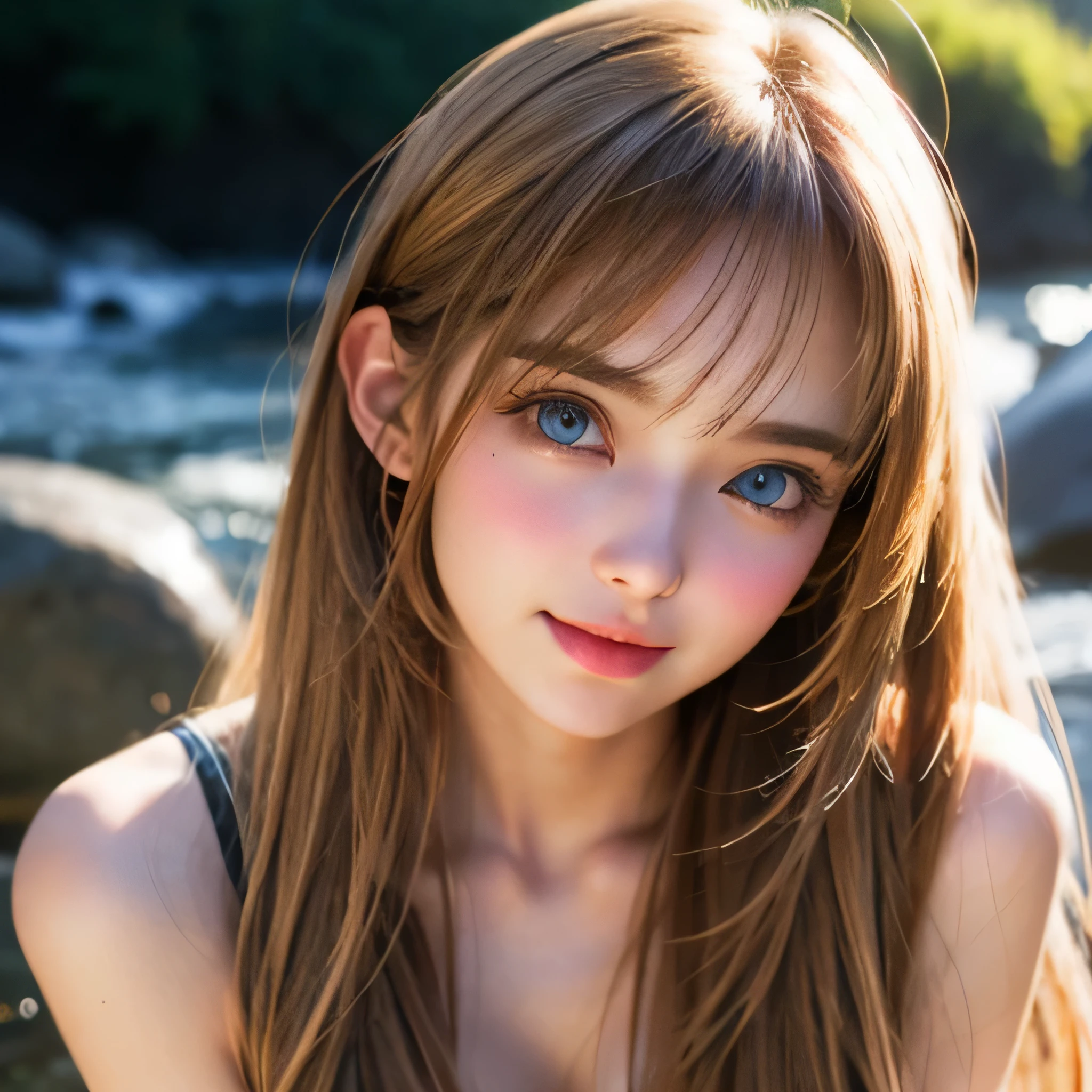 masterpiece, 最high quality, 超High resolution, (Realistic:1.4), Detailed beautiful face, Fine clothes, Amazing European Women,, So cute,, Soft skin and perfect face、Perfect Face, Gorgeous long ponytail brown hair, 8k resolution,Ultra-realistic,Super detailed,high quality, (Huge teardrop breasts, Huge cleavage:1.2), A broad perspective、8K,最high quality, Tabletop, Very detailed, 超A high resolution, Realistic, Raw photo, Absurd, Absolute Resolution, 1 girl, alone,Young beautiful Japanese woman, Super cute face, Luxurious appearance, big breasts , smile、 Double eyelids on both eyes, Natural Makeup, Long eyelashes, Shiny and smooth light brown long bob hair, Asymmetrical bangs, Glowing Skin, Center image, High resolution, High Detail, Detailed hairstyle, Detailed face, Great cinema lighting, Ultra-realistic, Perfect limbs, Perfect Anatomy、very big o cup breasts、Shapely breasts 、silky Glowing Skin、sexy,very beautiful nice face、Cute gorgeous face、gorgeous blonde silky hair、pale blue eyes、Bangs swaying in front of the face、A beautiful and cute 18 year old girl、Big and ample breasts、she spreads her legs wide and flaunts、Very big breasts、Plump、super glamor、Are fat,Full body nude、Big ass、summer mountain stream、Clean creek,The waterfall is visible、Looking at me with a smile、looking at the camera