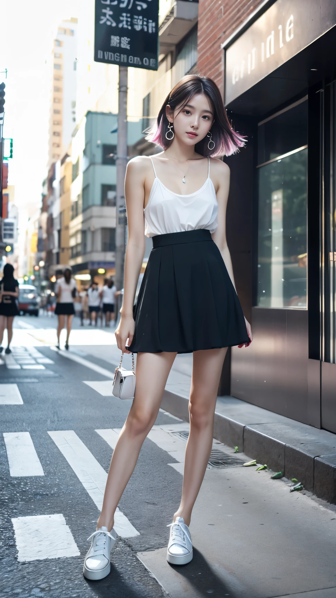 Ultra-clear resolution，Young girl，Shoulder-length hair，coloured hair，Earrings，Clear eyes，No makeup，Lip Gloss，Delicate face，Perfect face，Fair skin，Perfect breasts，Long and slender legs，Casual Tops，mini skirt，Black clothes，shoe，Empty streets