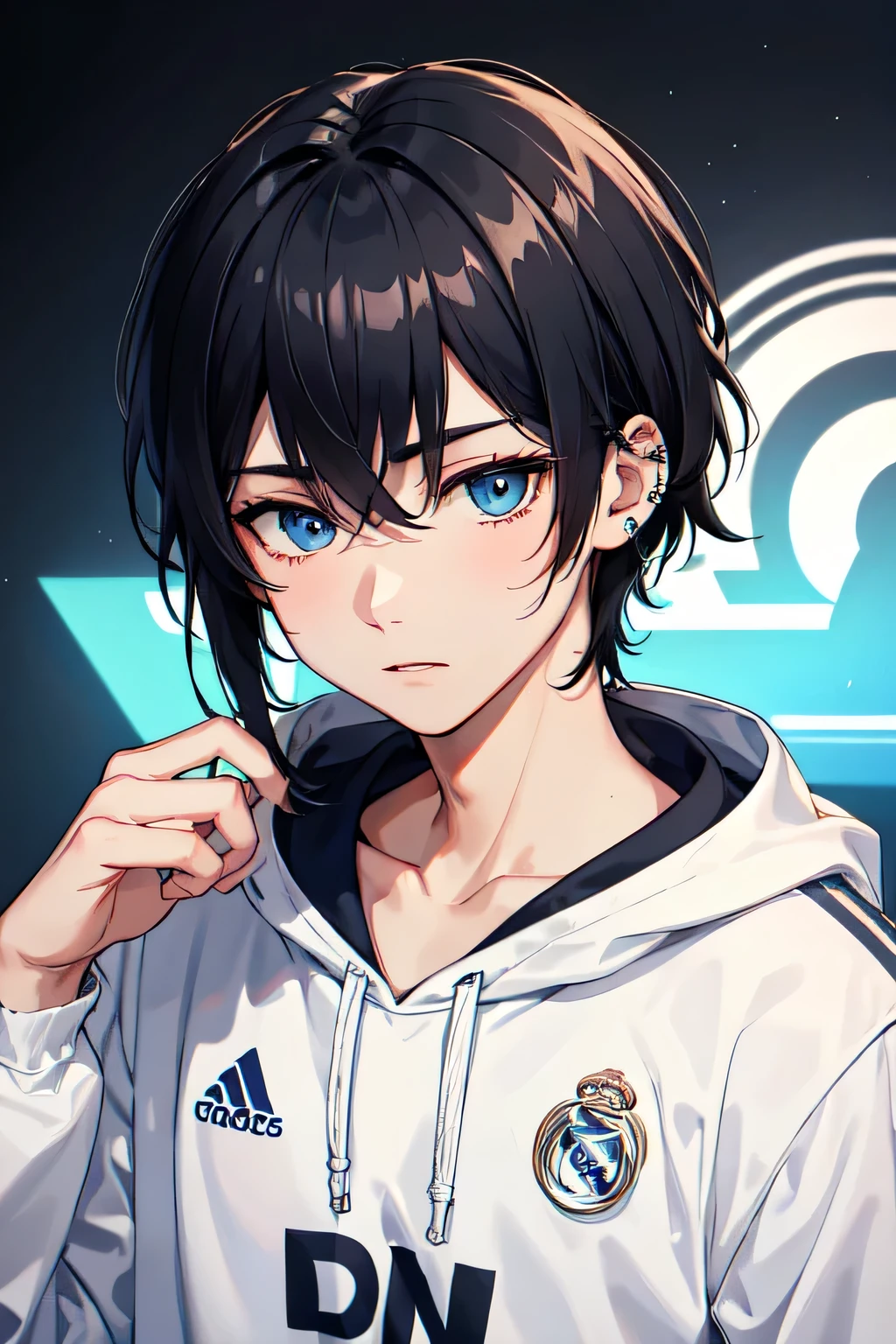 1boy,Real Madrid Football hoodie,blue eyes,black hair,mullet haircut,using piercing