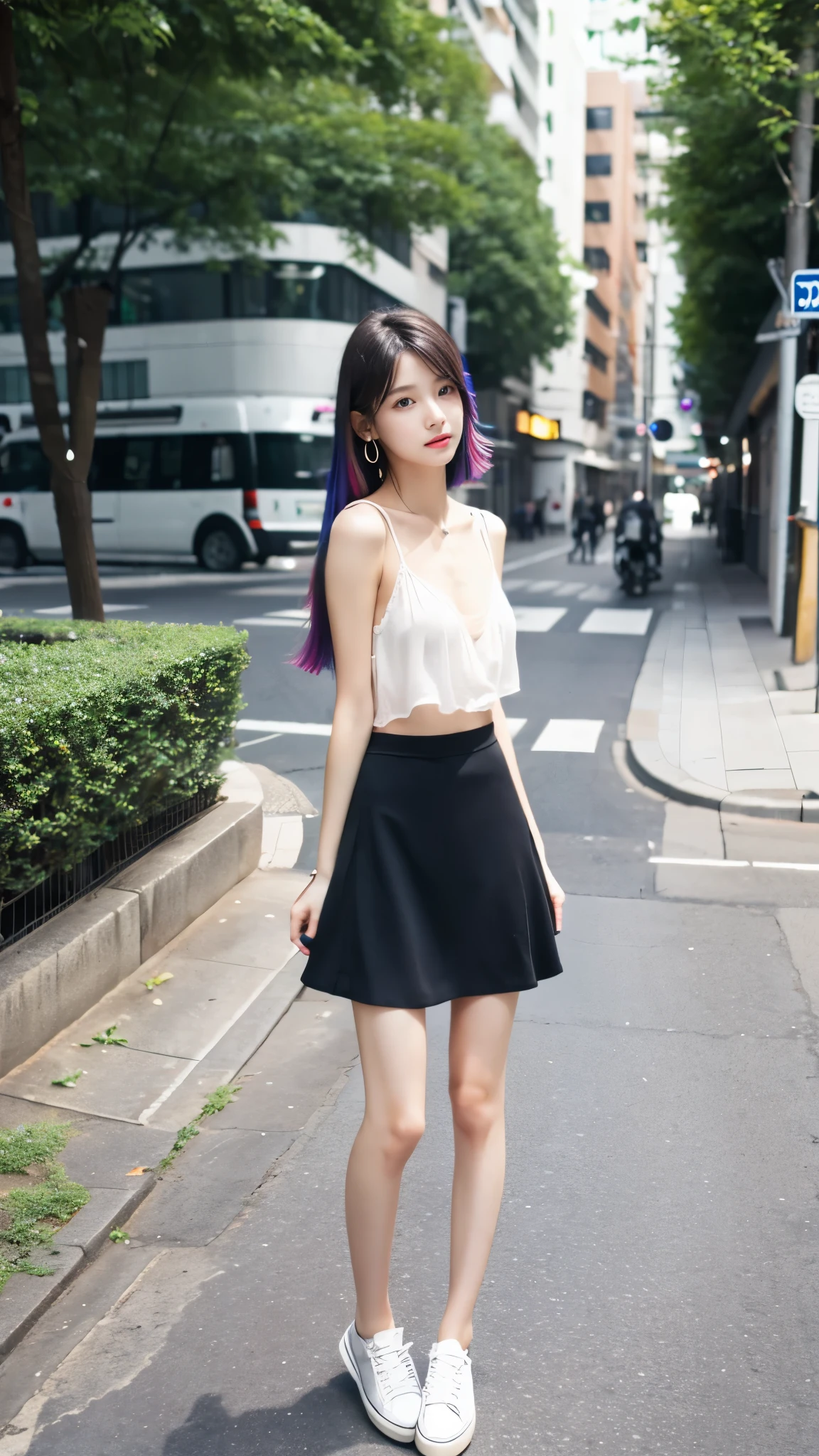 Ultra-clear resolution,Young girl,Shoulder-length hair,coloured hair,Earrings,Clear eyes,No makeup,Lip Gloss,Delicate face,Perfect face,Fair skin,Perfect breasts,Long and slender legs,Casual Tops,mini skirt,Black clothes,shoe,Empty streets