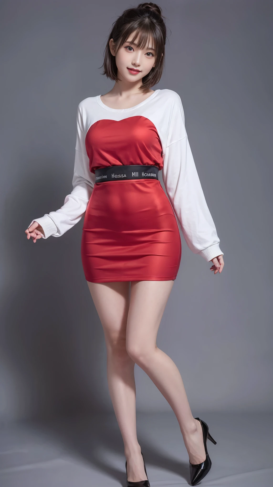 highest quality,masterpiece,Ultra-high resolution,Original photo,Ultra-high resolution,Beautiful woman 25 years old woman'Fashion that was popular in the 2000ini skirt,Clothing from the Heisei era in Japan,Long legs:1.5,high waist,Full Body,Flashy makeup using red eyeshadow,Big smile,Short cut with subtle side waves,whole body,Gray background,