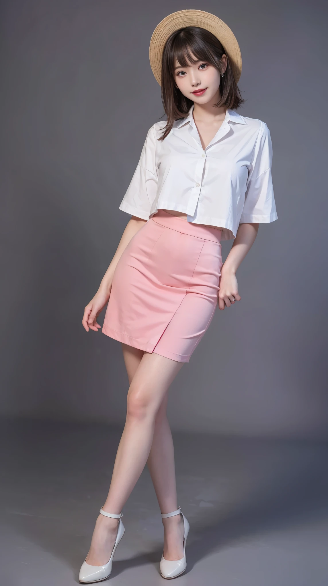 highest quality,masterpiece,Ultra-high resolution,Original photo,Ultra-high resolution，Beautiful woman 25 years old woman&#39;Fashion that was popular in the 2000ini skirt，Clothing from the Heisei era in Japan，Long legs:1.5，high waist，Full Body，Flashy makeup using red eyeshadow，Big smile，Short cut with subtle side waves，whole body，Gray background，