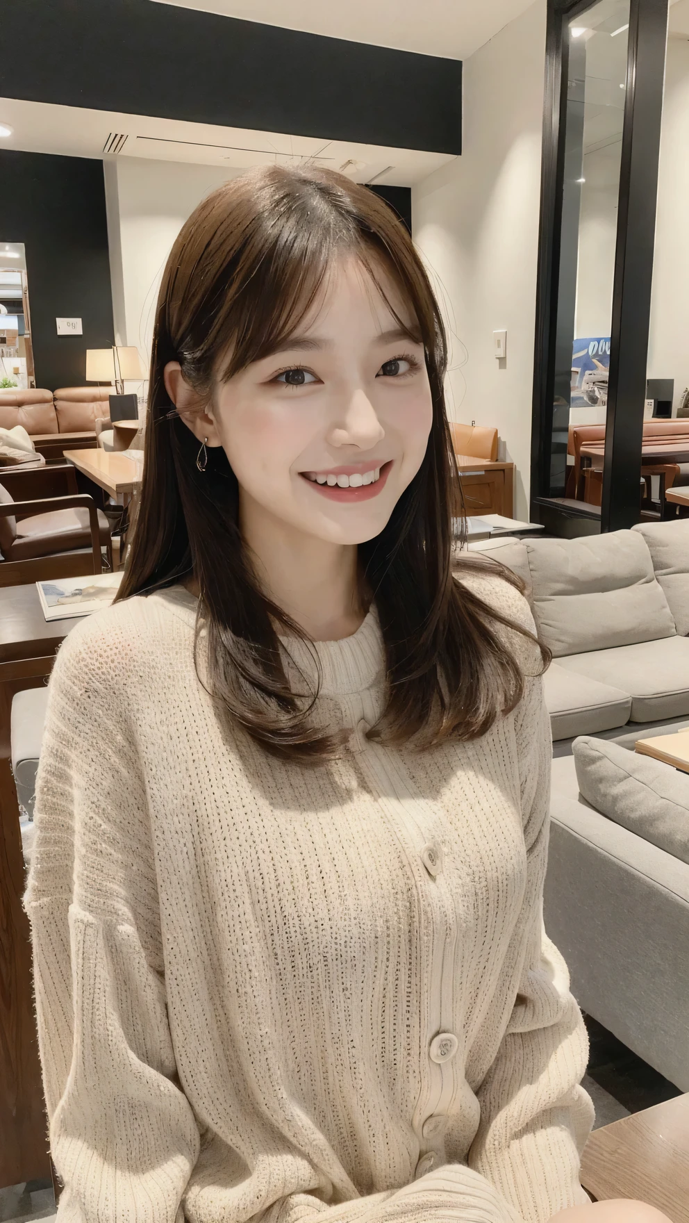 a beautiful girl looking at a viewer, huge Laughing, (open mouth:1.1), (Raw photo, highest quality), (8K, highest quality, masterpiece: 1.2), Super detailed, super resolution, at a Furniture store.