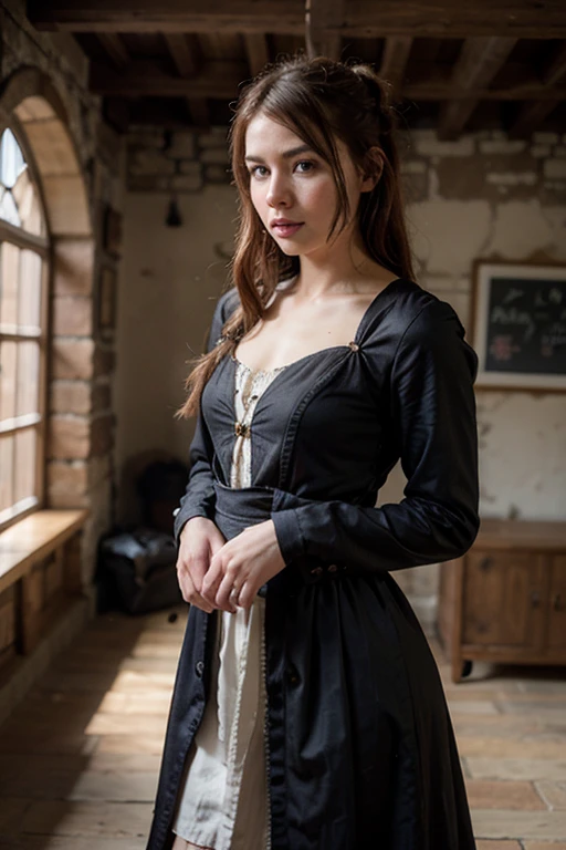 Aloy corps entier, dressed in a medieval style dress.