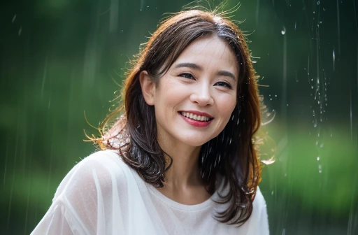 myself　profile　woman　55 years old　Brown bob hair　Brown Hair　Beautiful straight hair　 Shiny Hair　Japanese　profileを見せる　(It rained and I got wet, Raindrops, Wet body :1.2)　It's raining outside ( sharp ), (Facing the children_v1:0.7), (8k, highest quality), Unconscious, Please open your eyes, Big perfect hands, Detailed fingers, wedding ring, High resolution, original, (Flat Color:0.9),(colorful:1.1),(masterpiece:1,2), highest quality, masterpiece, High resolution, original, Highly detailed wallpaper, Audience'Perspective, alone, Portraiture, mature woman body set, smile, When I look at this, Rain Background,Natural wrinkles, Wrinkles around the eyes, Surreal, Natural Skin, Natural Hair Color, Bright red lips　(It rained and I got wet、Raindrops、Wet body:1.2)、Cinema Lighting, Beautiful big eyes、Ultra-detailed、High resolution、Transcendental beauty　highest quality、masterpiece、Magic Mix Real、(Raw photo:1.2)、(Photorealistic:1.4)