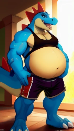 1boy, Feraligatr, , solo, (soft shading), 4k, hi res, detailed face, detailed eyes, detailed, (full body), by zackarry911, by zaush, (by personalami:0.5), bara, big belly(bright blue eyes), tank top, shorts, bulge:1.1, excited smile, wide smile, sharp teeth
