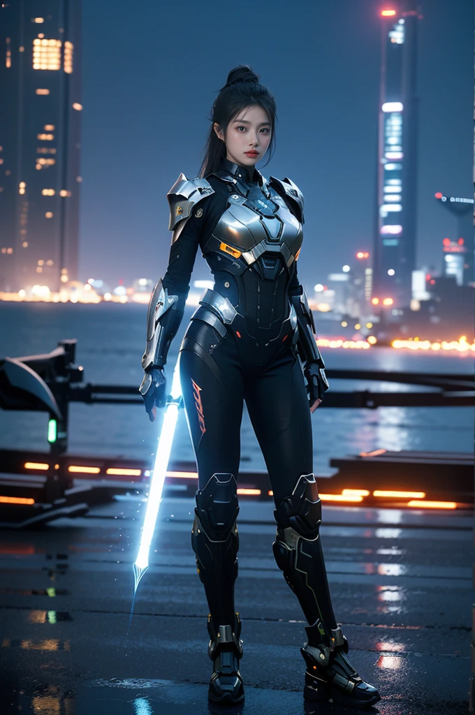 game art,best picture quality,Highest resolution,8k,((A half-length photo)),((portrait)),(rule of thirds),Unreal Engine 5 rendering works, (Future girl),(female warrior), 22-year-old young hacker),(ancient oriental hairstyle),(Beautiful eyes full of details),(big breasts),(eye shadow),Elegant and charming,indifferent,((frown)),(Combat suit full of futuristic technology,The costume combines futuristic power armor and,Clothing is decorated with glittering patterns and emblems),cyberpunk characters,in the style of futuristic, photo poses,city background,lamp,Ray tracing,Game CG,((3D Unreal Engine)),OC rendering reflection pattern