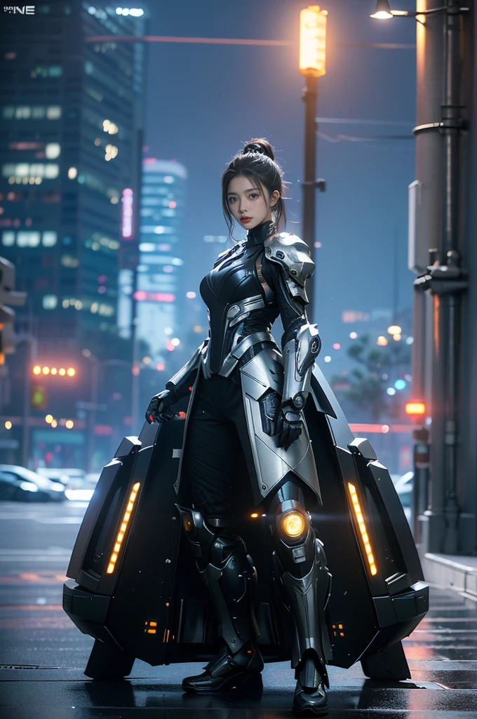 game art,best picture quality,Highest resolution,8k,((A half-length photo)),((portrait)),(rule of thirds),Unreal Engine 5 rendering works, (Future girl),(female warrior), 22-year-old young hacker),(ancient oriental hairstyle),(Beautiful eyes full of details),(big breasts),(eye shadow),Elegant and charming,indifferent,((frown)),(Combat suit full of futuristic technology,The costume combines futuristic power armor and,Clothing is decorated with glittering patterns and emblems),cyberpunk characters,in the style of futuristic, photo poses,city background,lamp,Ray tracing,Game CG,((3D Unreal Engine)),OC rendering reflection pattern