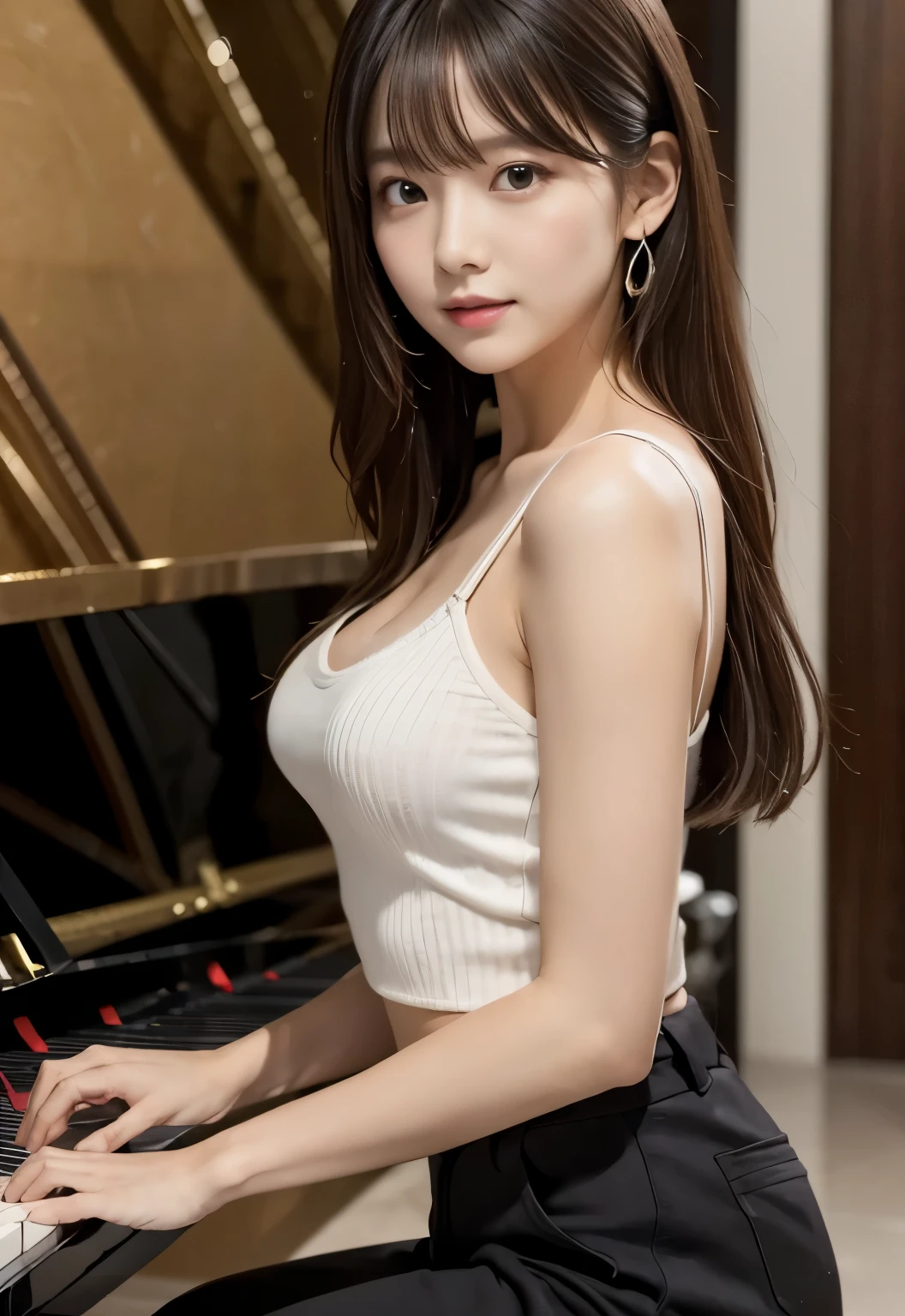 (masterpiece, best quality:1.1), (8k, raw photo, photo realistic:1.2, f22), (shiny skin), detailed skin,long hair,detailed face, detailed eyes,BREAK, real world, intricate details, smil, BREAK, 1girl, (black,pants), BREAK, (piano, play:1.4), BREAK