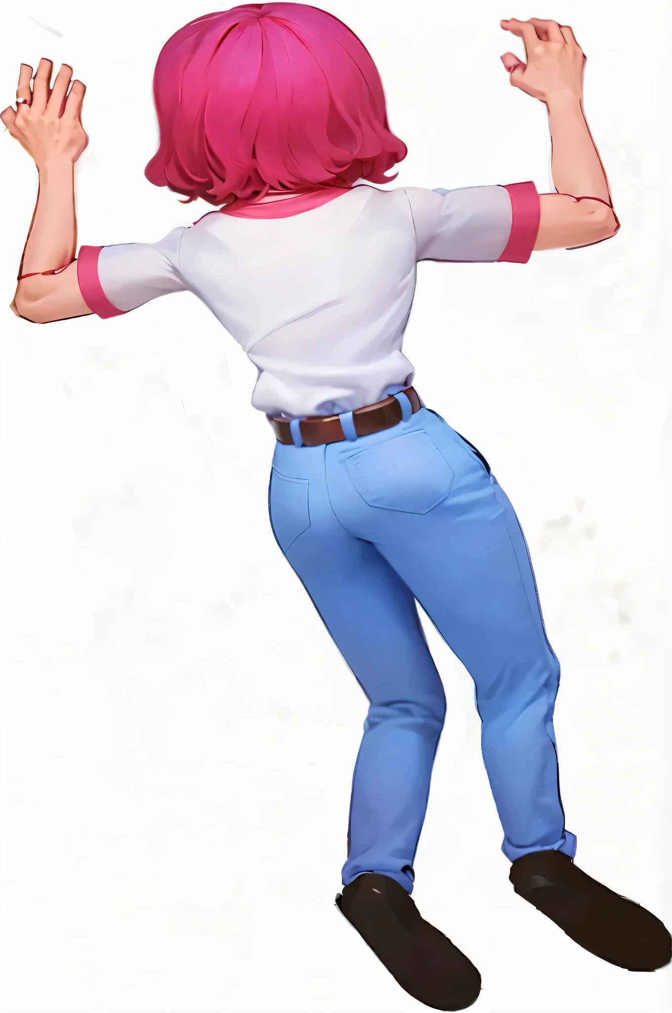 Close-up of a person with pink hair and white shirt, Full body close-up, Hugh details, Shrink the whole body, Single character full body, Long-distance full-body view, Full body details, Full body solo character, Full body photo super detailed, Medium shot of a handsome guy, Full body photo of Steve