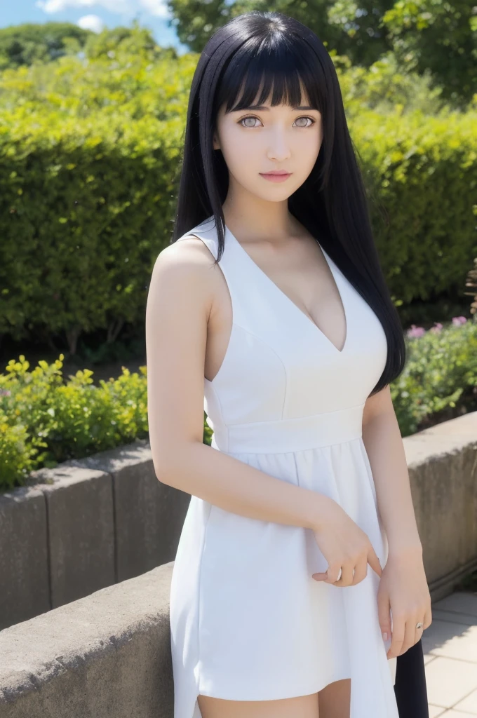 masterpiece, best quality, 1girl, looking at viewer, hinata\(shippuden\), parted lips, wind lift, bottomless, blush, black hair, long hair, white eyes, solid eyes, large breasts, (black dress:1.2), blue sky, clouds, garden, landscape, 