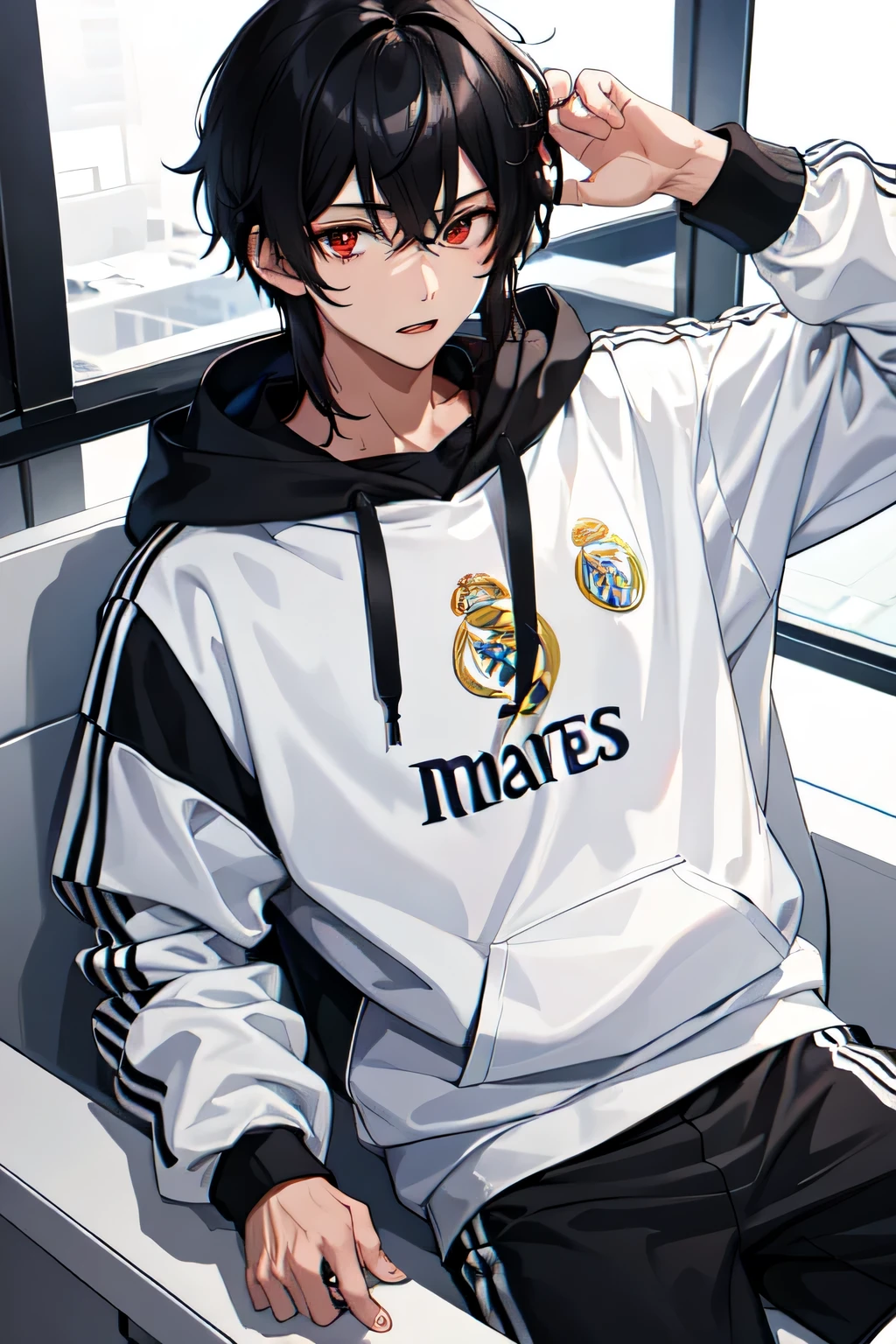 1boy,Real Madrid Football hoodie,red eyes,black hair,mullet haircut,using piercing