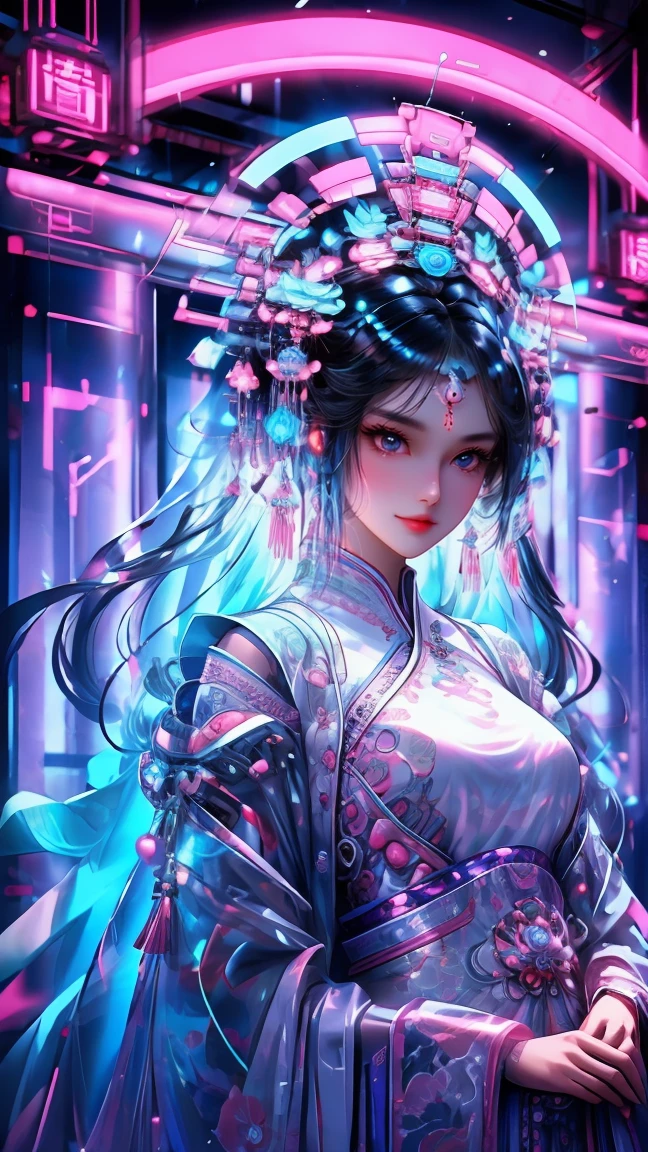 1 girl, chinese_clothes, in white and pink, cyberhanfu, Cheongsam, cyberpunk city, dynamic pose, Headdress, hair ornament, long hair, cyberpunk, a high-tech city, full of machinery and futuristic element, futurism, technology, aqua hair, divine goddess, huge breasts, queen, lace, lace trim, pearl necklace, gold, jewelry, tiara, neon, diamonds, looking at viewer, epic, grand curtains, indoors, standing on stage