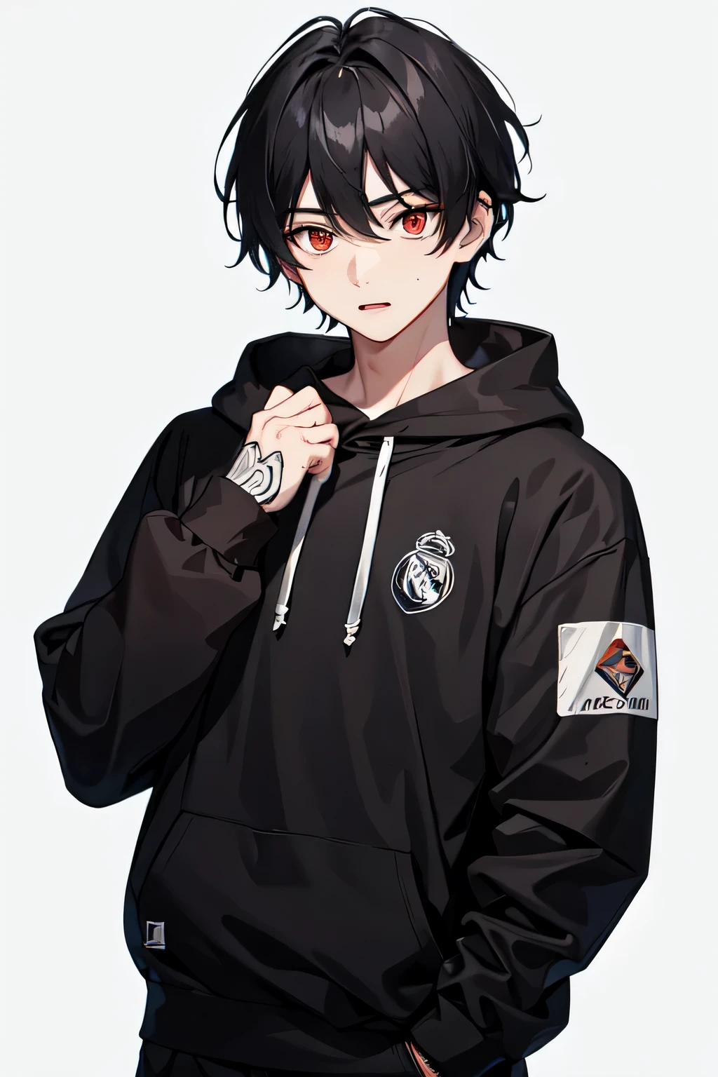 1boy,Real Madrid Football hoodie,red eyes,black hair,mullet haircut,using piercing