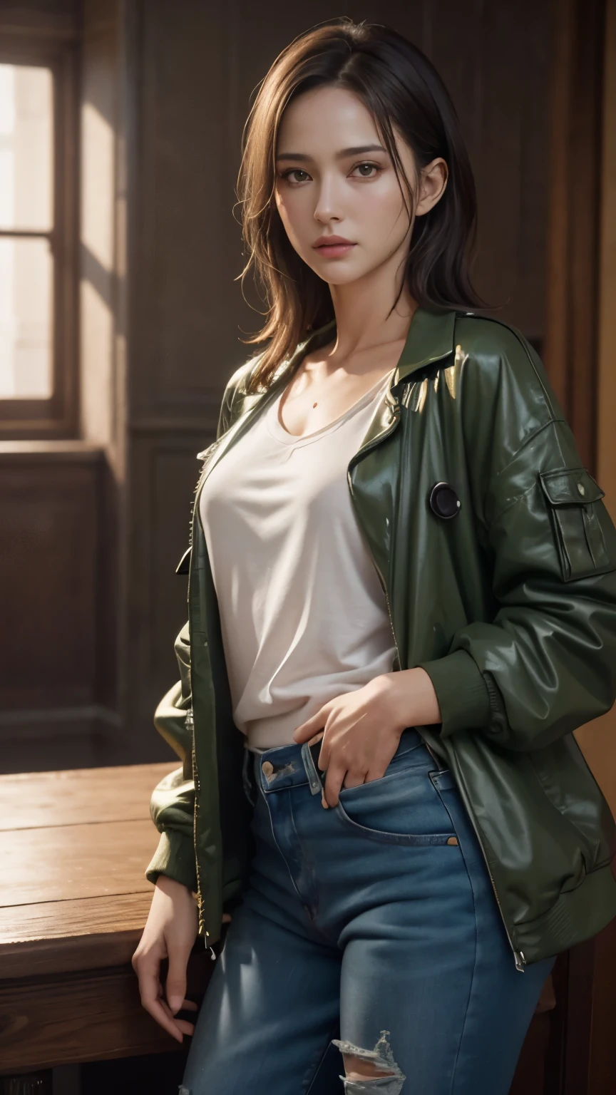 Beautiful mature Spanish woman、White tank top、Black denim pants、Green flight jacket((Slime-ified、Petite))、Photorealistic、picture、masterpiece、Realistic、realism、Photorealism、High Contrast、Photorealisticアートステーショントレンドデジタルアート8k HDHigh resolution説明リアル, detailed, Skin Texture, 超detailedな, リアルなSkin Texture, Armature, highest quality, 超A high resolution, (Photorealistic:1.4),, High resolution, detailed, Raw photo, sharp, Nikon D850 film stock photo by Lee Jefferies 4 Kodak Portra 400 camera F1.6 Lenses、Rich colors、Ultra-realistic and realistic texture、Dramatic lighting、Unreal Engine、Art Station Trends、Cinestill 800,