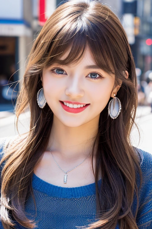 Urban beautiful girl college , masterpiece, light makeup, Red lips, Silver Hair, Disheveled long hair, Street background, beautiful, elegant. Extremely fine detail, Master Works, Authentic texture, Realism in film lighting, Perfect job, 16k, High resolution, exquisite features,blue eyes、Japanese Idols、beautiful顔、Cute Smile、Brown Hair、beautiful hair、ponytail、glamorous、 Big Breasts、Greasy muscles、Shiny skin、Sunburned skin、Glowing dark skin、Sexy knitted sweaters, Bright big eyes, Smooth skin, Earrings, necklace