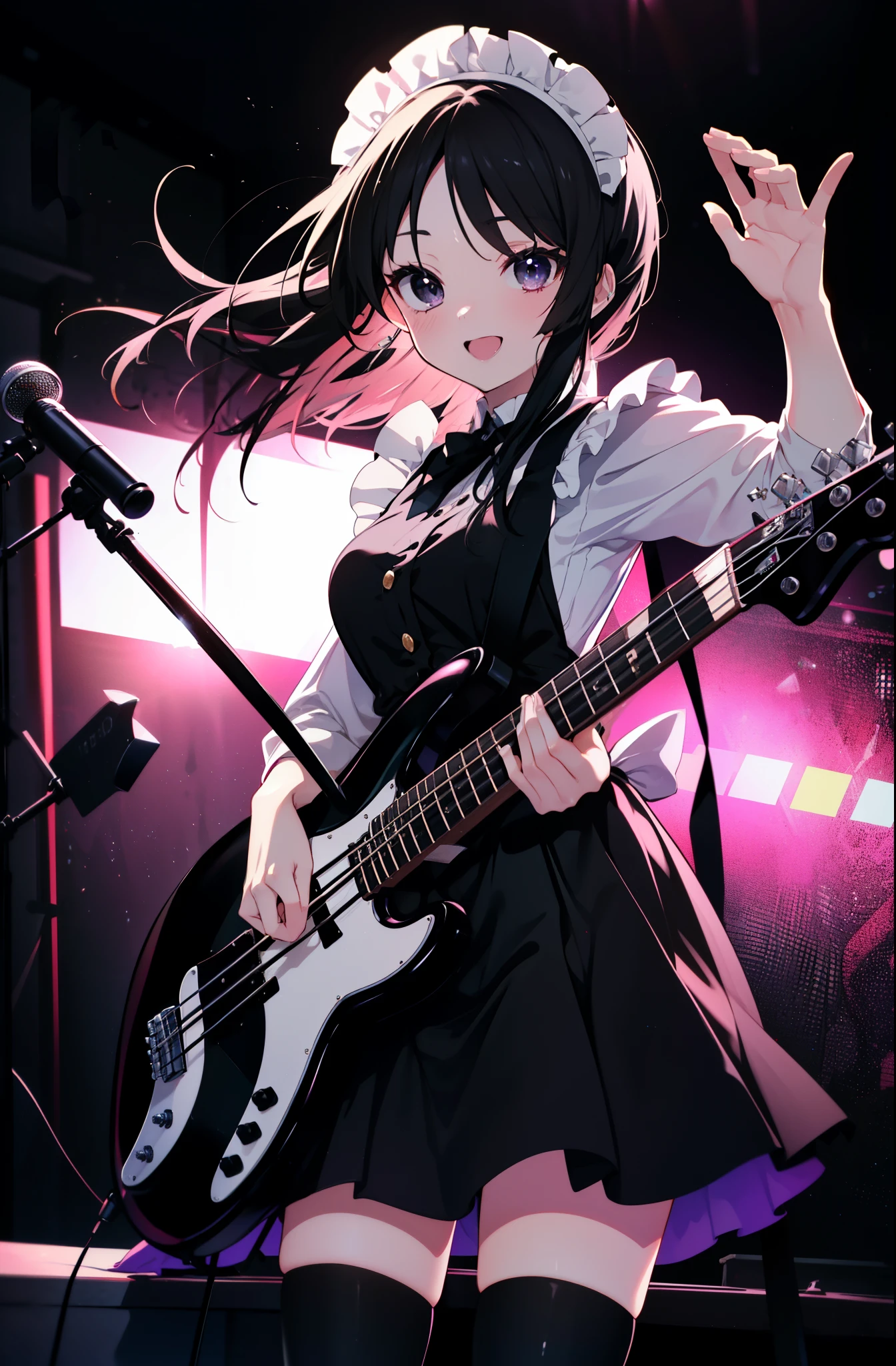 Mount Mimyeon, mio akiyama, (black ruby eye:1.5), Black Hair, Long Hair, Maid,Long skirt,black tights,short boots,Left-handed base(fender jazz bass)play、Rock band concert, Instrument playing, stageパフォーマンス, hot air,Happy atmosphere、Clip Studio、shape of transparency and brightness,close ~ eye、Laughter,stage,On stage,break (Tabletop:1.2), highest quality, High resolution, unity 8k wallpaper, (shape:0.8), (beautiful and fine eye:1.6), Highly detailed face, Perfect lighting, Detailed CG, (Perfect hands, Perfect Anatomy),