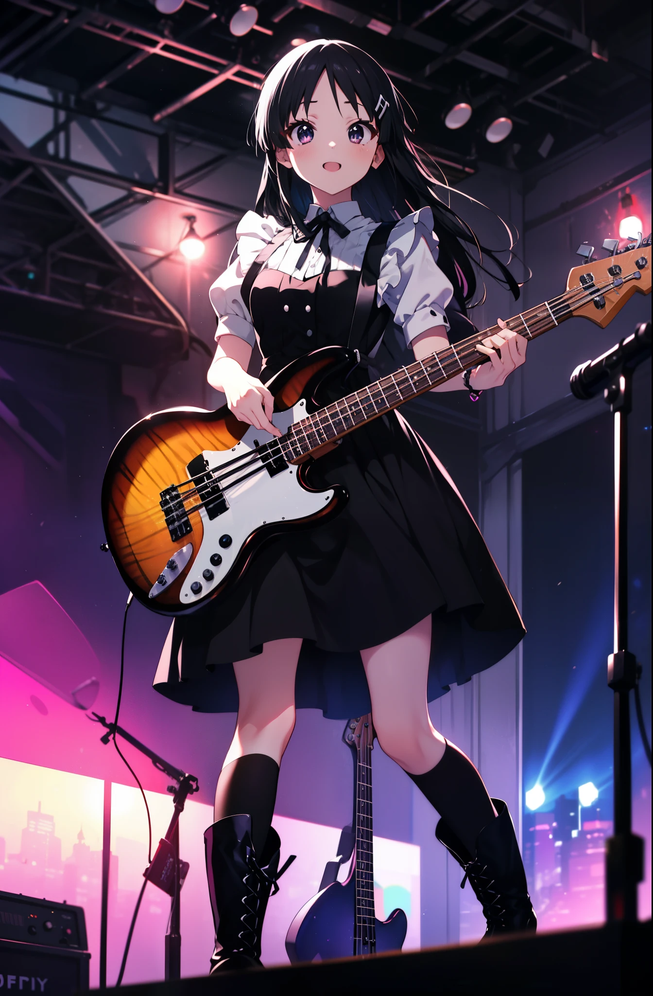 Mount Mimyeon, mio akiyama, (black ruby eye:1.5), Black Hair, Long Hair, Maid,Long skirt,black tights,short boots,Left-handed base(fender jazz bass)play、Rock band concert, Instrument playing, stageパフォーマンス, hot air,Happy atmosphere、Clip Studio、shape of transparency and brightness,close ~ eye、Laughter,stage,On stage,break (Tabletop:1.2), highest quality, High resolution, unity 8k wallpaper, (shape:0.8), (beautiful and fine eye:1.6), Highly detailed face, Perfect lighting, Detailed CG, (Perfect hands, Perfect Anatomy),