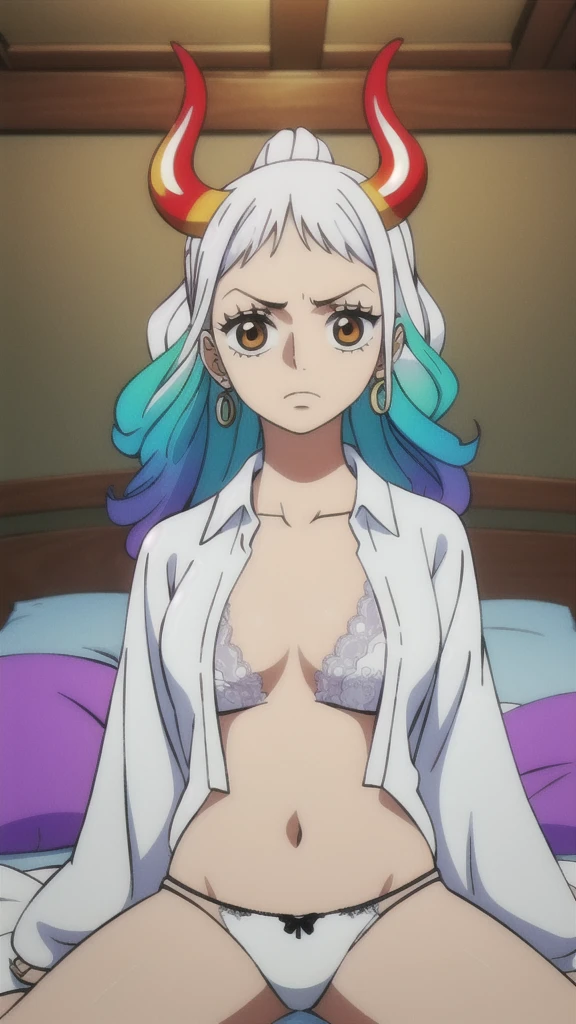 One woman,8k, Yamato_5000, Gray Hair, Green Hair, Gradient Hair, horn, Wano Style, ring earrings, ((masterpiece)), ((highest quality)), (((Sit on the bed))),(()),Very detailed, (),((open front white shirt)),((Fully open shirt)) ,((Troubled expression)),Perfect tummy,Perfect navel,((White lace panties)),((Slender body)), , Strong lighting, High resolution, (((((colorful))))), Sit on the bed, alone, indoor,