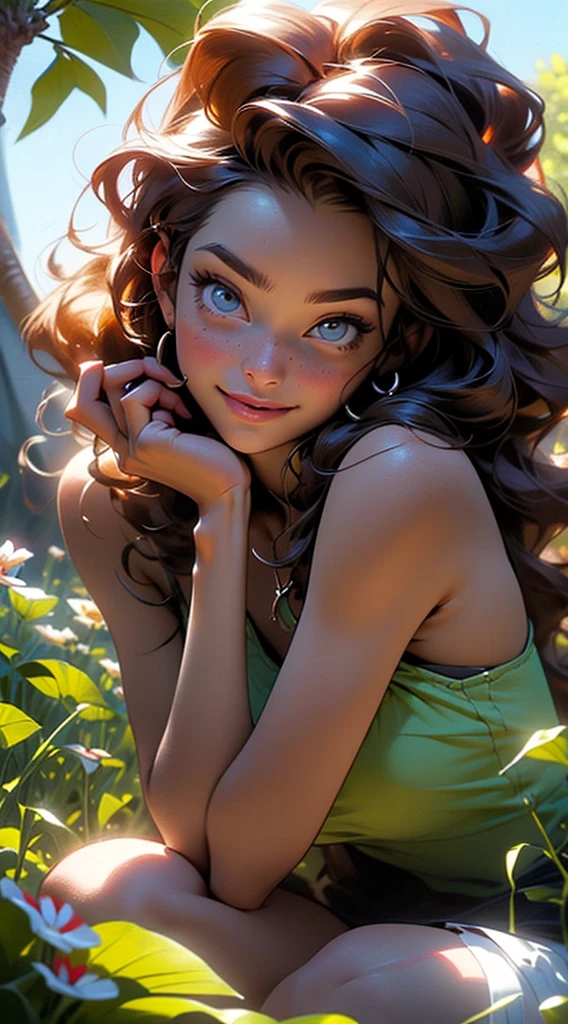 melancholy lighting, quiet, calm, brightness, masterpiece, best quality, 1girl, (JinxLol:1.2), (ultra photorealistic:1.3), (masterpiece:1.4), best quality, ((realistic)), high quality, ultra detailed, ((Real image)), ((realistic skin)), ((realistic face)),(illustration:1.05), (beautiful:1.05), (beautiful detailed eyes:1.05), (cinematic light:1.1), Full body, precise proportions, 18-year-old girl, skinny model lying on the grass, surrounding garden, tree shadow, hair fluttering in the wind, COLORFUL CLOTHING, long legs, slightly open feet, buttocks, blush, shyness, collarbone, abdominals, double weave, beautiful and delicate face, fair skin, real skin, (face detail), pores, super high resolution, 8k, parameters Best quality, masterpiece, super high resolution, (Realistic 2.0), More details, detailed skin, wide smile, white teeth, voluminous curly hair, perfect and well designed eyes, girlfriend, beautiful, beautiful, flowers, studio lighting