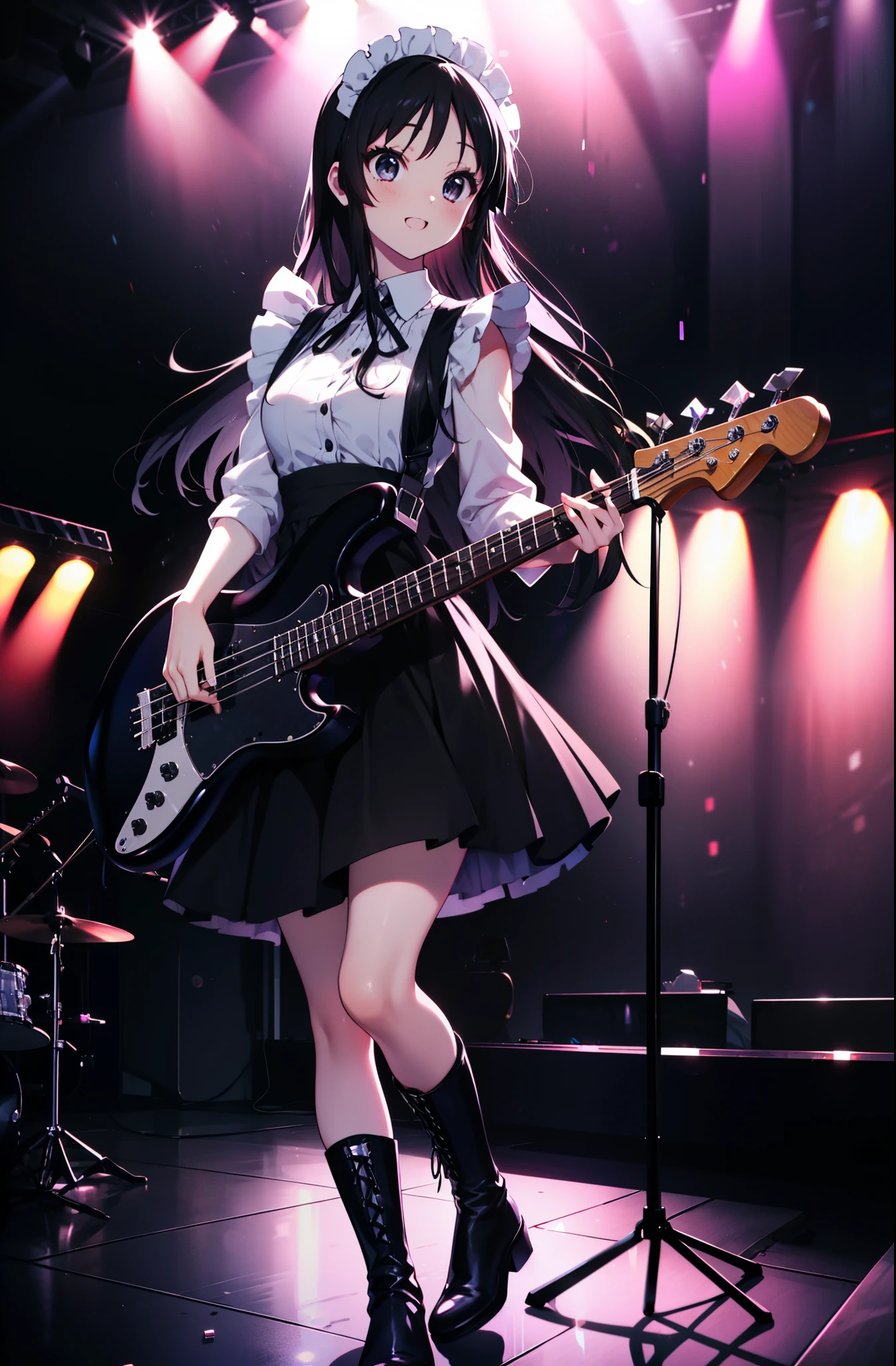 Mount Mimyeon, mio akiyama, (black ruby eye:1.5), Black Hair, Long Hair, Maid，Long skirt，black tights,short boots，Left-handed base(fender jazz bass)play、Rock band concert, Instrument playing, stageパフォーマンス, hot air,Happy atmosphere、Clip Studio、shape of transparency and brightness，close ~ eye、Laughter，stage，On stage，break (Tabletop:1.2), highest quality, High resolution, unity 8k wallpaper, (shape:0.8), (beautiful and fine eye:1.6), Highly detailed face, Perfect lighting, Detailed CG, (Perfect hands, Perfect Anatomy),