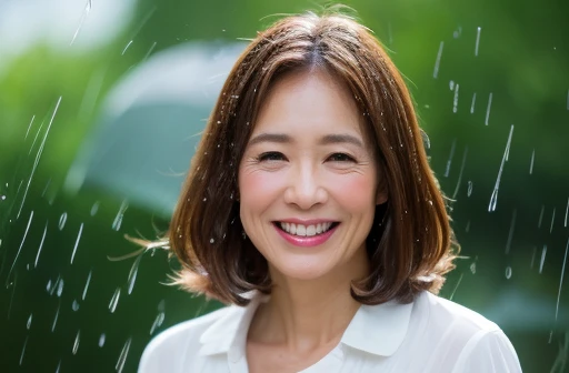 myself　woman　45 years old　Brown bob hair　Brown Hair　Beautiful straight hair　 Shiny Hair　Japanese　During the rainy season　Holding an umbrella　(It rained and I got wet, Raindrops, Wet body :1.2)　It&#39;s raining outside ( sharp ), (Facing the children_v1:0.7), (8k, highest quality), Unconscious, Please open your eyes, Big perfect hands, Detailed fingers, wedding ring, High resolution, original, (Flat Color:0.9),(colorful:1.1),(masterpiece:1,2), highest quality, masterpiece, High resolution, original, Highly detailed wallpaper, Audience&#39;Perspective, alone, Portraiture, mature woman body set, smile, When I look at this, Rain Background,Natural wrinkles, Wrinkles around the eyes, Surreal, Natural Skin, Natural Hair Color, Bright red lips