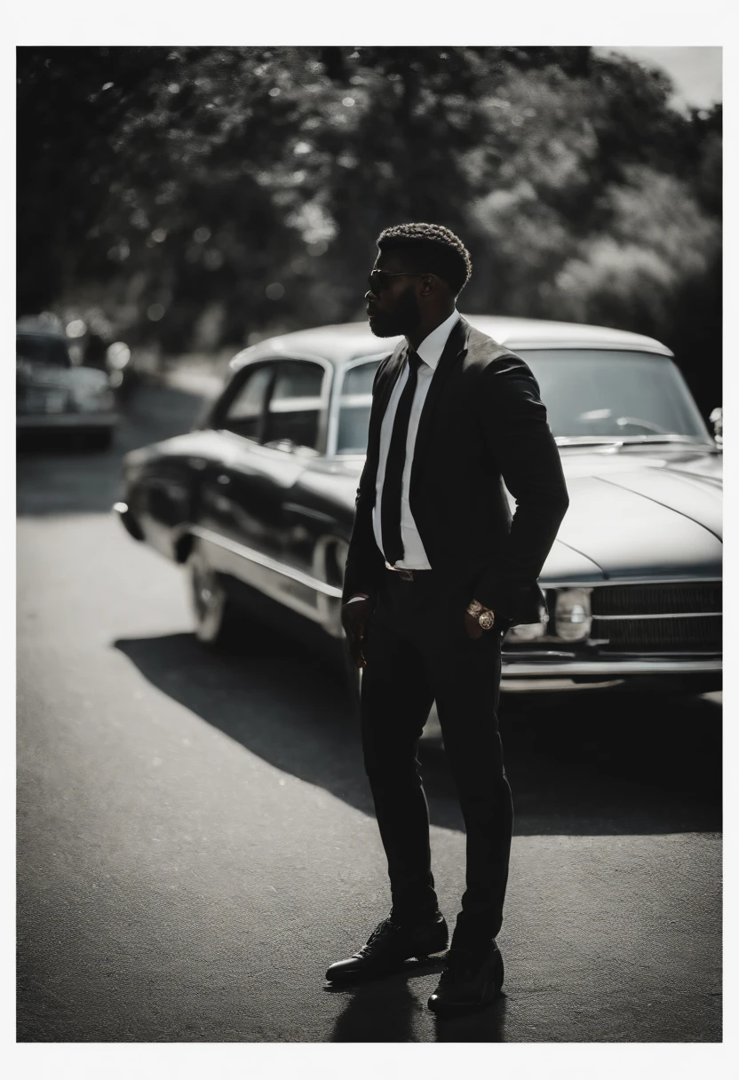 homem negro roupa preta carro no fundo 