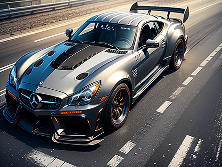 Fast cars on the road, Wide body, Low quality granular, [ The art of math ]!!, Granular low quality, HDR shooting, kodakchrome : : Eight thousand, steel gray body, Mercedes, HD, HDR photos, A perfect masterpiece, Low resolution, hdr render, Made with photoshop