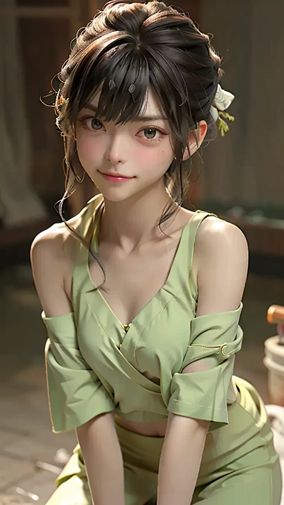 1 girl, solitary:1.2, (18 years old:1.2), Cute little trumpet, entity, Sweating of the skin, glowing skin, Slim, (Dull bangs: 1.2), Smile, Cute face, Exquisite eyes,, ((naked,Wrapped in a towel)), ((hot spring)), Beautiful breasts、Huge breasts:1.4,plump breasts(Not wearing), (wet), (Bend and take off), ((wet hair)), (Cross your arms behind your head), (Legs open),view, Looking at the camera, best quality,Super detailed, high resolution, Extremely detailed CG, Unity 8K wallpaper, official art, Creative arts, Novel Illustrations, by famous artist, Caustic lines, Textile shading, Super delicate skin, Perfect anatomical structure, detailed, Movie Lighting, Dynamic Lighting, 美丽而Exquisite eyes, (top quality), (Super detailed), (Masseter membrane), (high resolution), (The original), Character Conception, Game CG, detailed Manga Illustration, Realistic head to body proportions:1.2