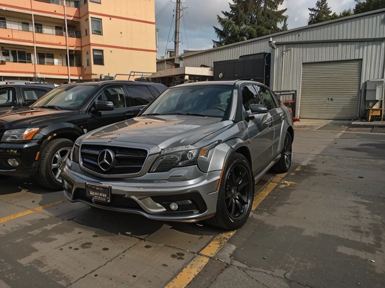 There are two cars parked side by side in the parking lot, Wide body, Low quality granular, [ The art of math ]!!, Granular low quality, HDR shooting, kodakchrome : : Eight thousand, steel gray body, Mercedes, HD, HDR photos, A perfect masterpiece, Low resolution, hdr render, Made with photoshop