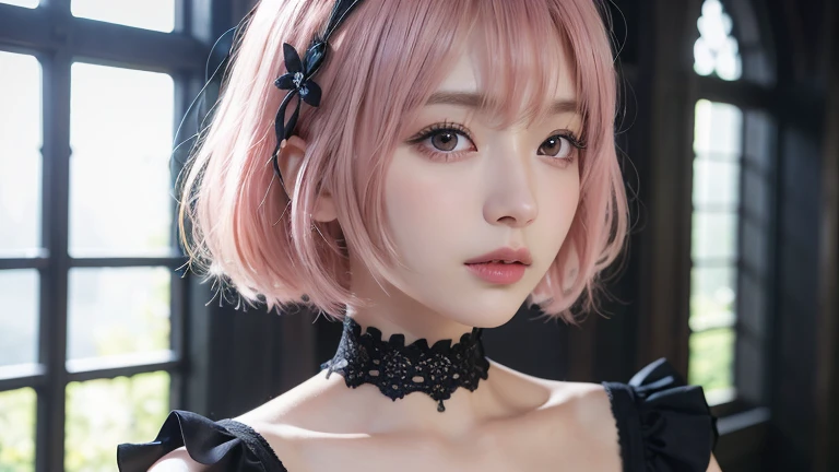 (Bob Cut Hair, Pink Hair:1.2),(wearing black Gothic Lolita clothes:1.2),1 girl,Japanese,21 years old,(Small breasts:1.3),(highest quality,masterpiece:1.3,超A high resolution,),(Ultra-detailed,Caustics),(Photorealistic:1.4,RAW shooting,)Ultra-Realistic Capture,Very detailed,High resolution 16K human skin close-up。 Natural skin texture、,Pores、、It needs to be detailed enough to be easily identifiable。 Skin should be even-toned and healthy looking。 Use natural light and colour, Sad expression, Looking at the camera, Perfect dynamic composition, Inside the church