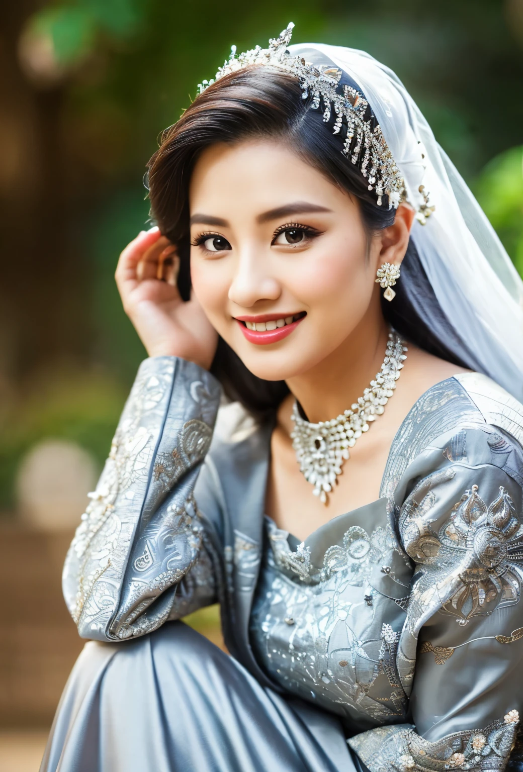 photography, full body of java wedding woman in grey long kebaya dress traditional and batik skirt, looking at viewer, jewelry on hair, tiny strain white jasmine hair ornaments, long shot , light smile, beautiful face, (extremely detailed photo), full body shot photo, high-quality photo, photorealistic, Intricate, High Detail, Sharp focus, dramatic, photorealistic, RAW photo, real person, hyperrealism, masterpiece,, very detailed face and eyes,4k,8k,highly detailed, high Detail, Sharp focus, detailed face,
high-quality photo, (photorealistic:1.5),(hyper realistic:1.5)