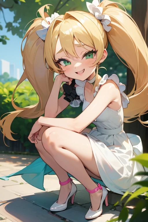 ((Masterpiece)), ((Best Quality)), (Ultra-detailed), ((high definition 4k)) Anime style, Cute, 1girl in, Solo, ((Beautiful green eyes)), Smile, (thin legs), details in the environment, face the lens, full body, lesbian, seductive, seductive smile, seductive eyes, undressing, raped, accurate depiction of the human body, 1 girl, cute, bratty, spoiled, blonde hair, twintails, long hair, cute, bratty, teasing look, dim lighting, green eyes, smiling, sassy, sassy smile, small, blond hair, long blond hair, twintails, twin-tails, golden twintails, blond twintails, (long blond twintails), laughing at viewer, laghing pose, laughing, laughing expression making of at POV, (in a park) ((in a park at day time)) ((white heels)) ((white dress)) ((white dress with pink highlights))
