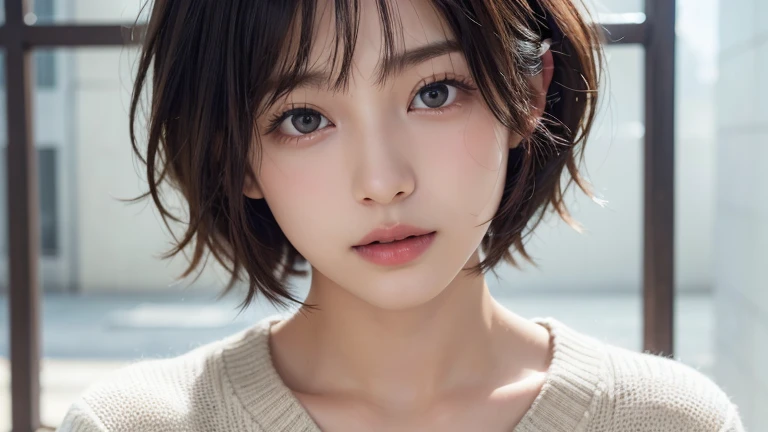 (Short Hair:1.2),(wearing a knit sweater:1.2),1 girl,Japanese,28 years old,(Small breasts:1.3),(highest quality,masterpiece:1.3,超A high resolution,),(Ultra-detailed,Caustics),(Photorealistic:1.4,RAW shooting,)Ultra-Realistic Capture,Very detailed,High resolution 16K human skin close-up。 Natural skin texture、,Pores、、It needs to be detailed enough to be easily identifiable。 Skin should be even-toned and healthy looking。 Use natural light and colour, Sad expression, Looking at the camera, Perfect dynamic composition, Inside the church
