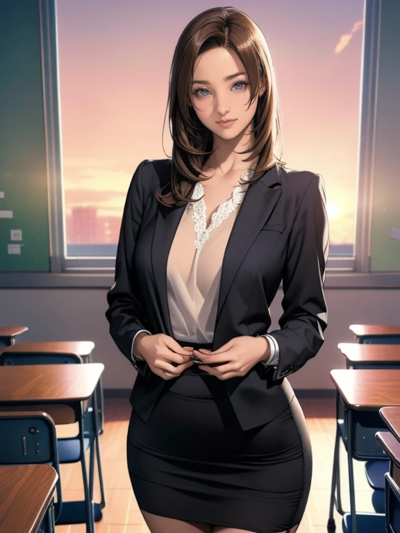 (8k,Photorealistic, masutepiece, Best Quality, Raw photo:1.3)、1woman in, 25years old,Solo,school girl, Long hair, Brown hair, Detailed beautiful face, alluring face, (Detailed beautiful brown eyes:1.2), medium breasts,(loose suit, sheer pencil Skirt :1.35), ( Perfect body skinny beauty: 1.4),( temptation Pose:1.3), (Looking at Viewer, front view,eyes focus:1.2), Detailed background, (sunset:1.2), classroom,fine detailed, intricate detailes, Ray tracing, depth of fields, seductive smile,classroom,