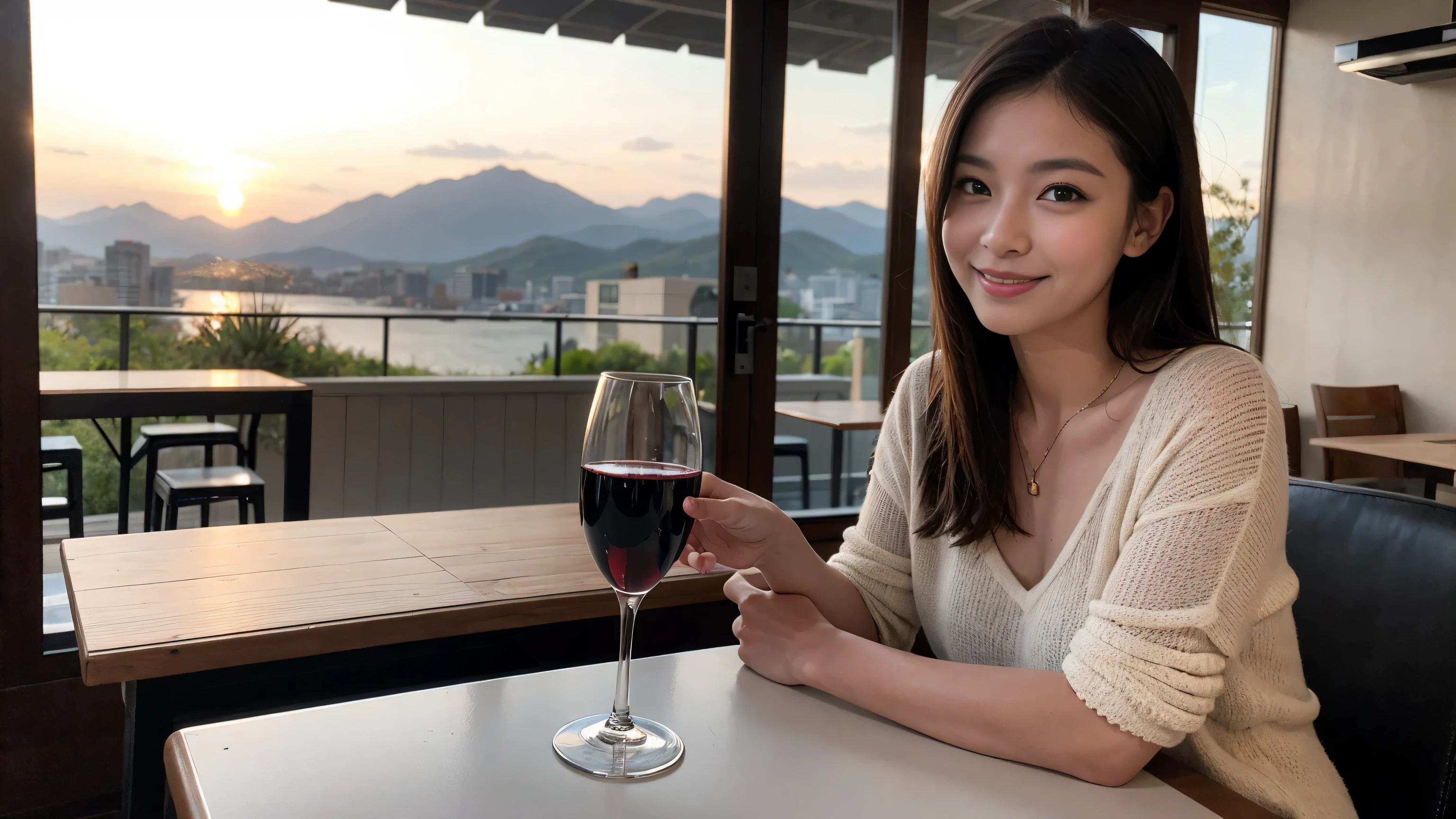 ((highest quality、8k、masterpiece:1.3))、Sharp focus:1.2、Beautiful woman perfect body:1.4、Slim body、((Bob Hale、Straight hair:1.2))、(to be born, highest quality, masterpiece:1.5), (Realistic, Intricate details:1.2), Ultra-high resolution, Put the light on your face、Spectacular view of the sunset sky and clouds、Amazing mountain views、A bright smile、wine glass、red wine 、Appetizer、Italian food、Wine bottle、Champagne、sparkling wine、, Beautiful Face, blue eyes, The light shines on your face, Blushing, short hair,Bright Face、Fox face、 (36 years old), 39 years old, Lady、Two beauties、Brown Hair、Shortcuts、Long sleeve shirt、dress、Pretty Woman 1, (slim face), (The body is slim), (Brown Hair), (Shortcuts), cheeks turn a little red,Attractive beauty、, Out of the window, A beautiful and detailed night view unfolds.........., restaurant, In a prominent place (From the waist up) Nova Frog Style, actress, model, Upper Body, White wine, slim, wine glass, A wine glass placed in the middle, smile, (smile: 1.15), Beautiful fine grain, Depth f/2,saturation, High Contrast, Strong light and shadow,Moist Body:1.5、3D texture、Delicate eyes、Brown Hair、The hair is very shiny、