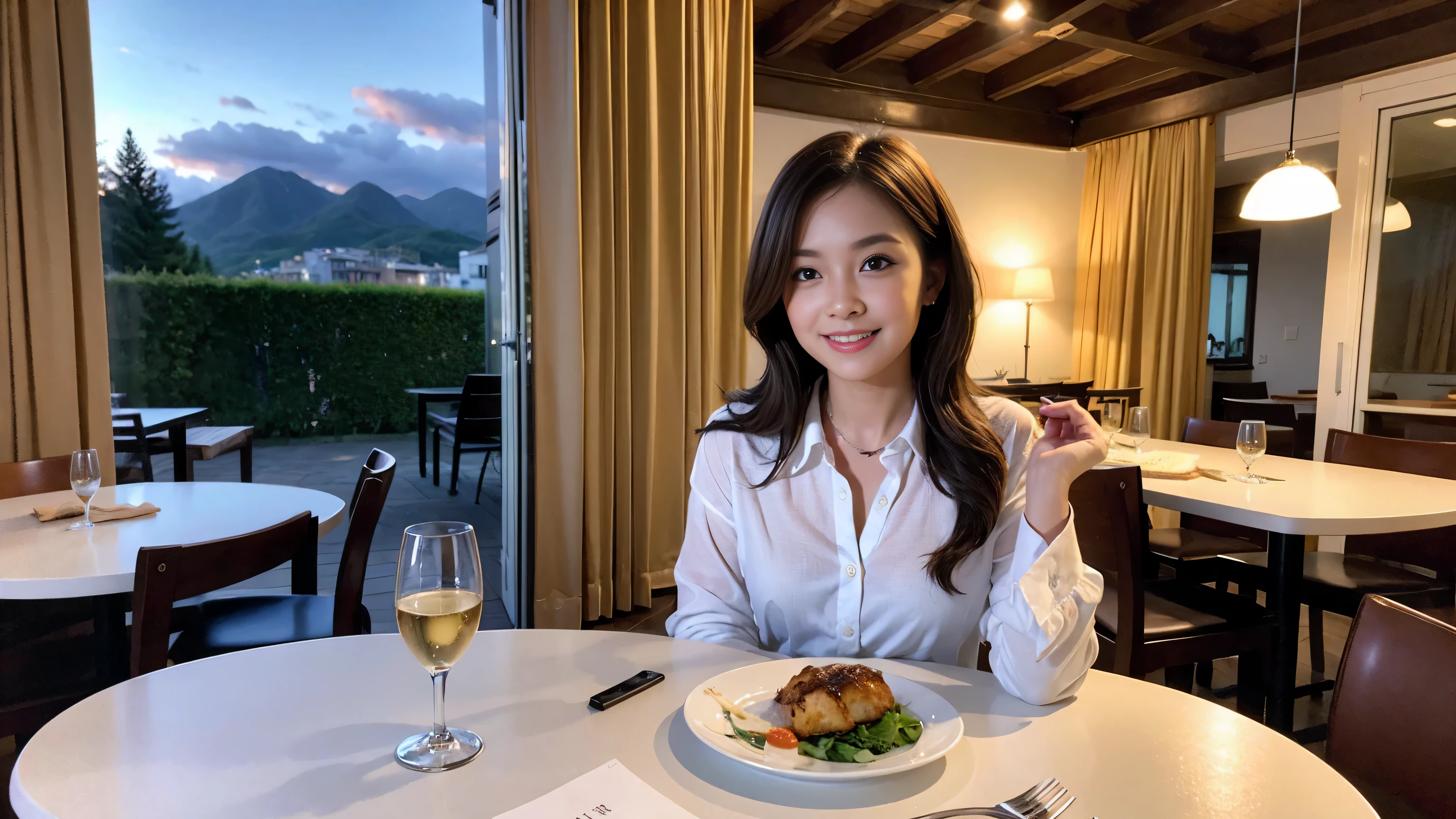 ((highest quality、8k、masterpiece:1.3))、Sharp focus:1.2、Beautiful woman perfect body:1.4、Slim body、((Bob Hale、Straight hair:1.2))、(to be born, highest quality, masterpiece:1.5), (Realistic, Intricate details:1.2), Ultra-high resolution, Put the light on your face、Spectacular view of the sunset sky and clouds、Amazing mountain views、A bright smile、wine glass、red wine 、Appetizer、Italian food、Wine bottle、Champagne、sparkling wine、, Beautiful Face, blue eyes, The light shines on your face, Blushing, short hair,Bright Face、Fox face、 (36 years old), 39 years old, Lady、Two beauties、Brown Hair、Shortcuts、Long sleeve shirt、dress、Pretty Woman 1, (slim face), (The body is slim), (Brown Hair), (Shortcuts), cheeks turn a little red,Attractive beauty、, Out of the window, A beautiful and detailed night view unfolds.........., restaurant, In a prominent place (From the waist up) Nova Frog Style, actress, model, Upper Body, White wine, slim, wine glass, A wine glass placed in the middle, smile, (smile: 1.15), Beautiful fine grain, Depth f/2,saturation, High Contrast, Strong light and shadow,Moist Body:1.5、3D texture、Delicate eyes、Brown Hair、The hair is very shiny、