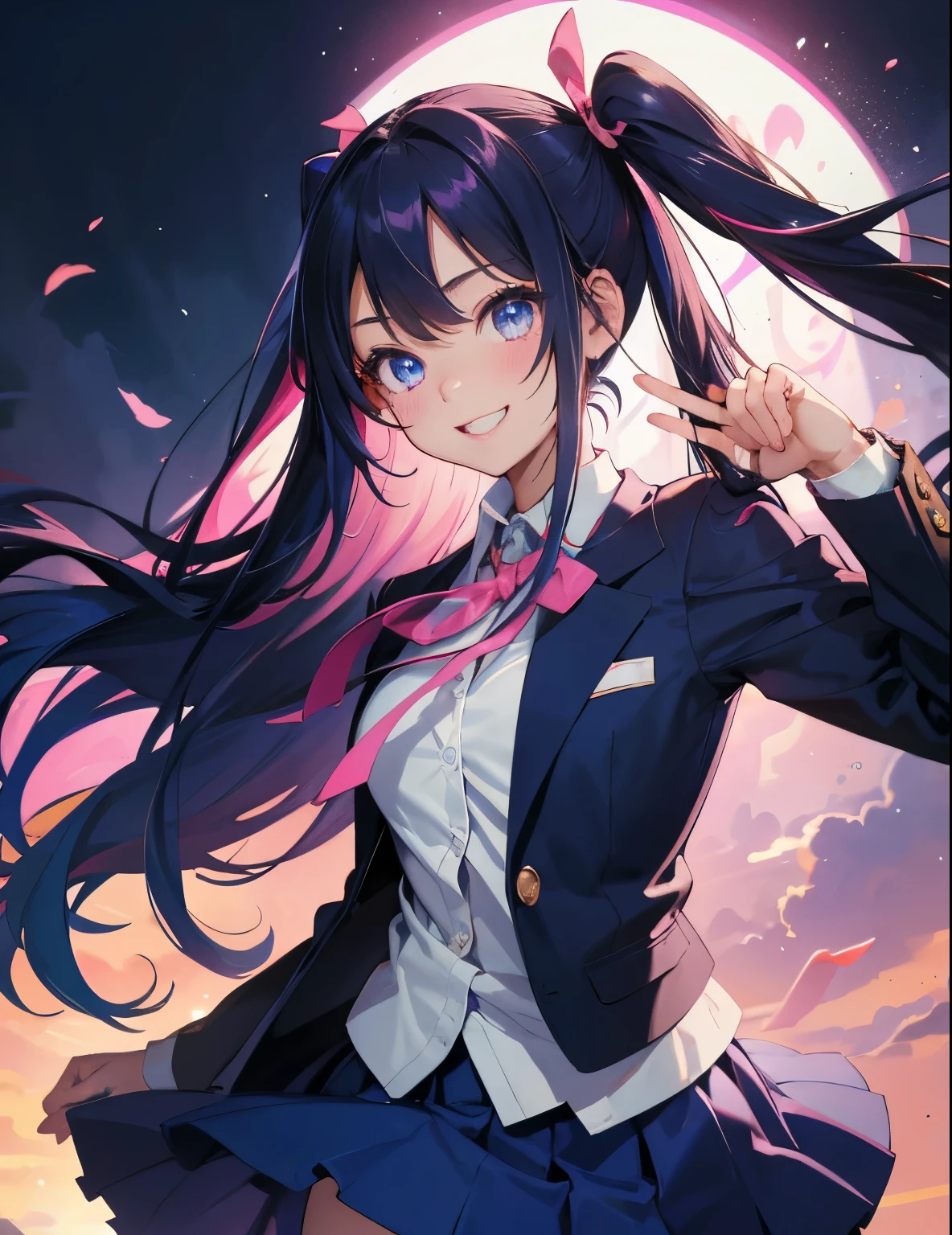 masterpiece:1.2、hightquality、top-quality、hight resolution、detaileds、A hyper-realistic、Beautiful high school girl、Adults、High 、Dark blue blazer、Pink mini skirt、Pink ribbon、long hair with pink twin tails,,、Beautiful blue eyes、tilt of the head、Schools、birdie、rainbows、portlate、Lovely smile、showing teeth、(A detailed face)、((sharp focus))、((faces))、Upper Body_Body