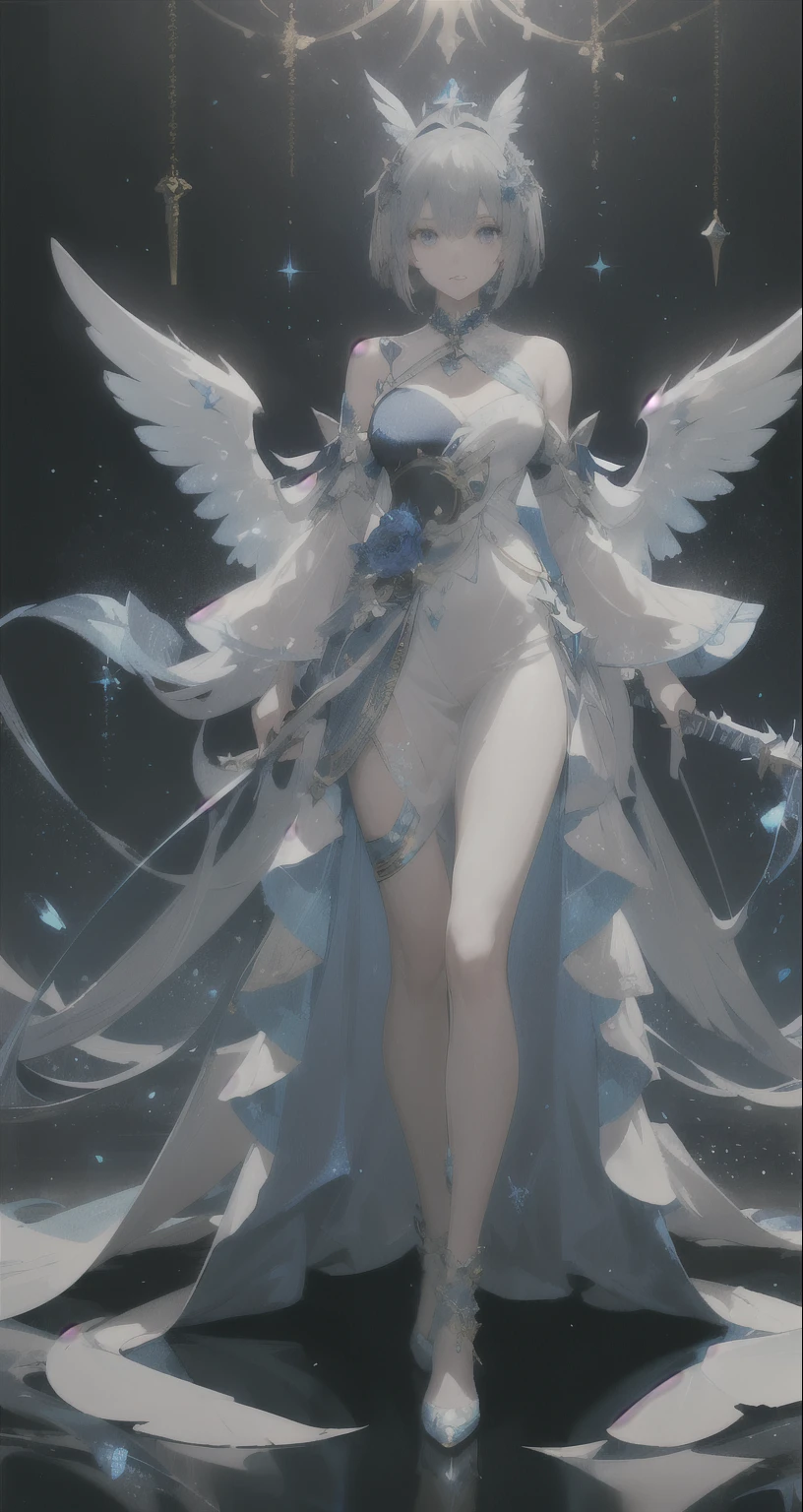 Game character Gorgeous costume with very glittering decorations, Similar to the night sky, Blue and white dress。Use lots of blue。Use the power of water。Fair-skinned woman。Gray hair with blue tips。Height: 165cm。Bob Hair。Wearing blue sparkling jewel accessories。No wings。Holding a long sword covered in gold and blue jewels。