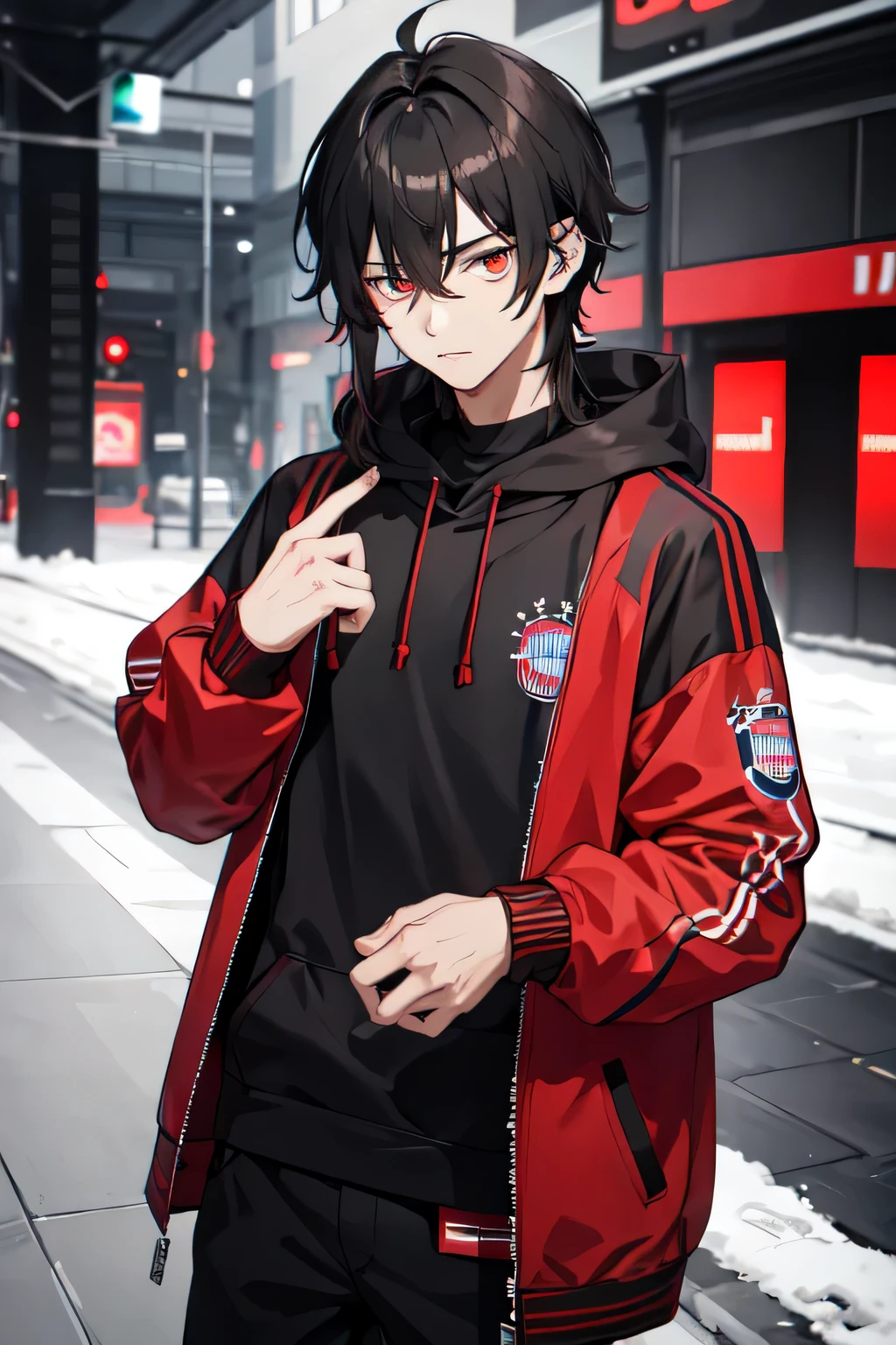 1boy,Bayern Munchen Football hoodie,red eyes,black hair,mullet haircut,using piercing
