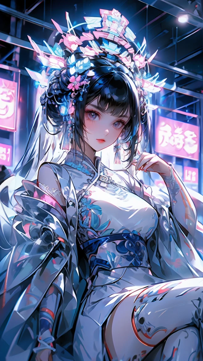 1 girl, chinese_clothes, in white and pink, cyberhanfu, Cheongsam, cyberpunk city, dynamic pose, Headdress, hair ornament, long hair, cyberpunk, a high-tech city, full of machinery and futuristic element, futurism, technology, aqua hair, divine goddess, huge breasts, queen, lace, lace trim, pearl necklace, gold, jewelry, tiara, neon, diamonds, looking at viewer, epic, grand curtains, indoors, sitting on sofa 